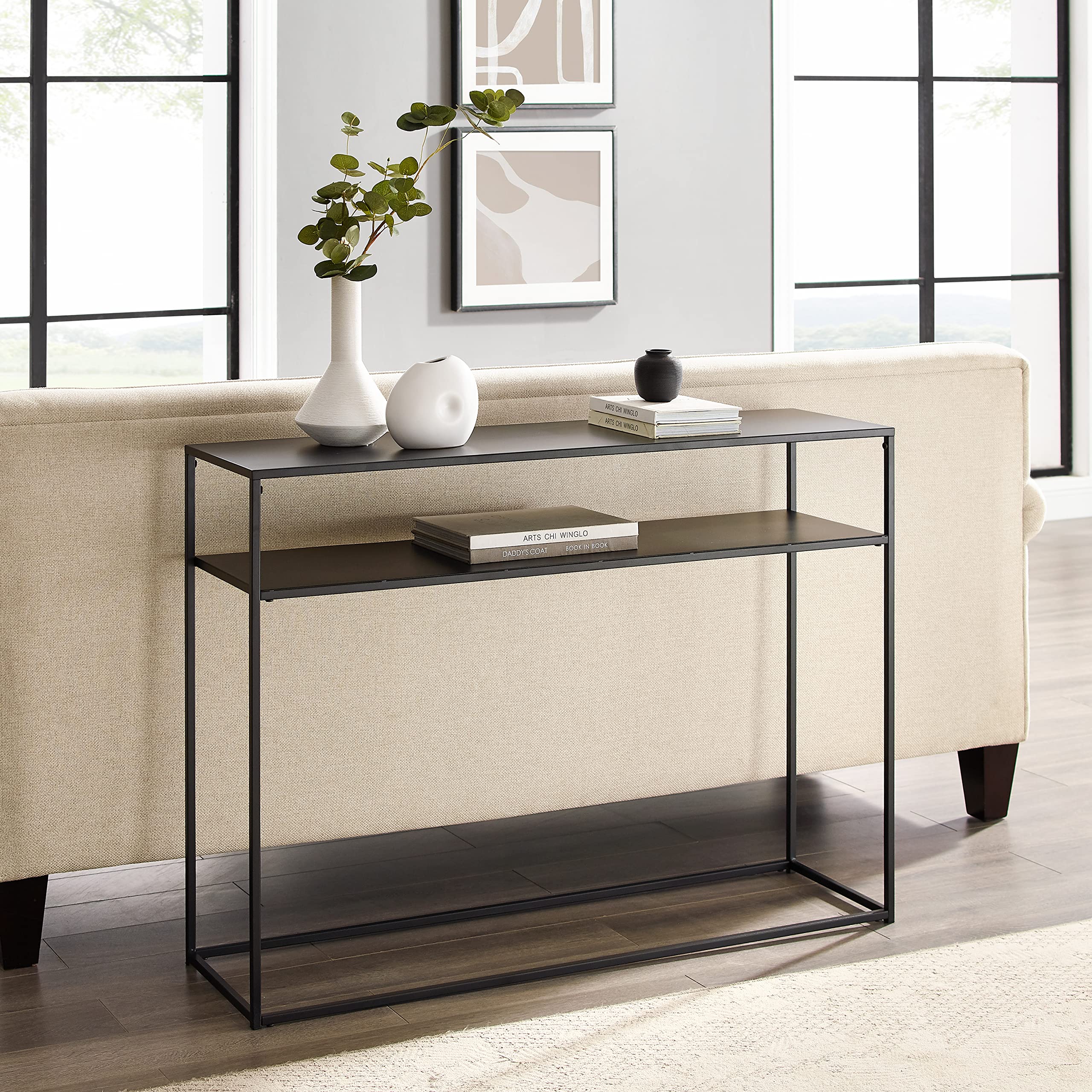 Crosley Furniture Braxton Sofa Console Table with Storage Shelf for Hall, Entryway, or Living Room, Matte Black