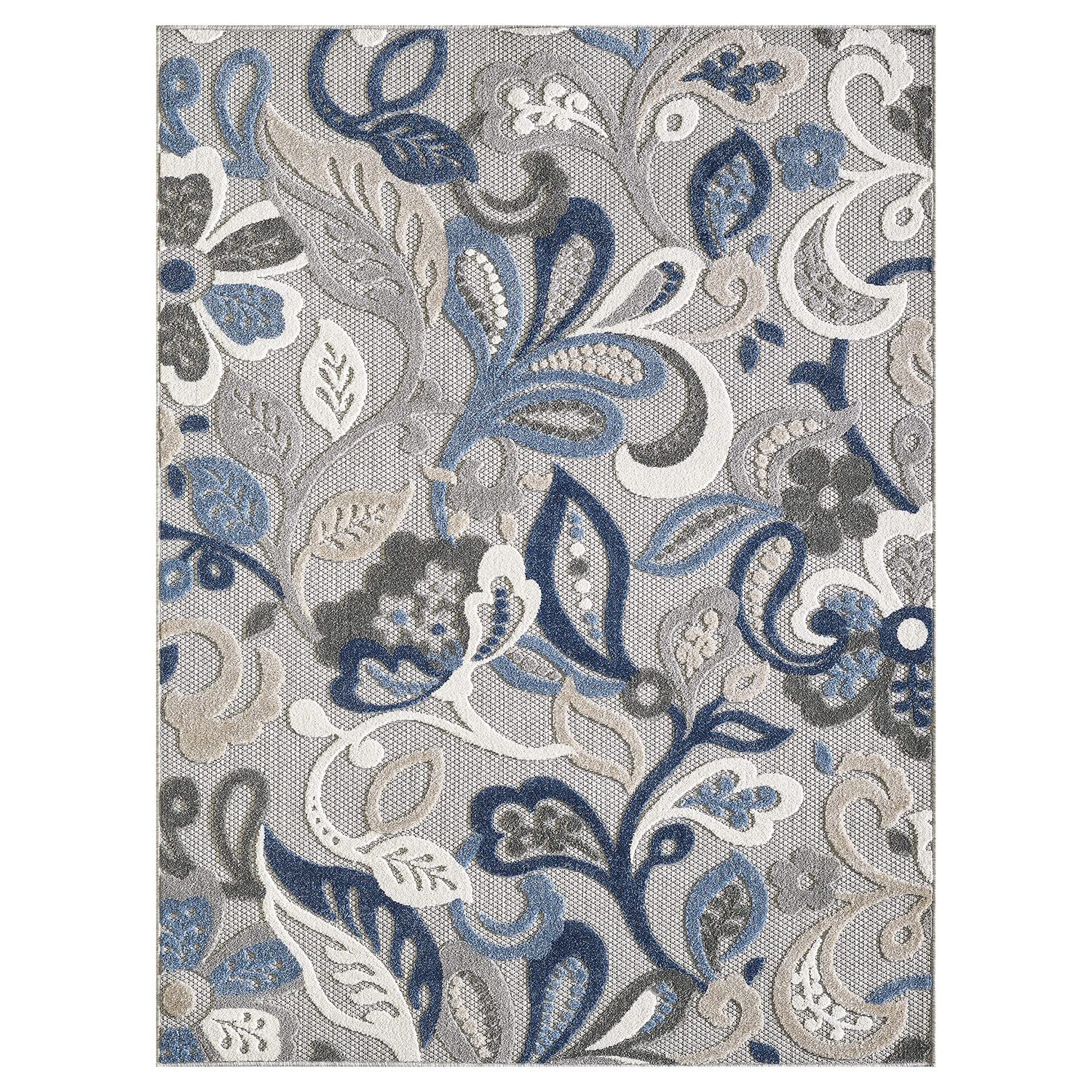 HomeRoots Grey/Blue UV-Treated Polypropylene 8’ x 10’ Blue Gray Jacobean Floral Indoor Outdoor Area Rug