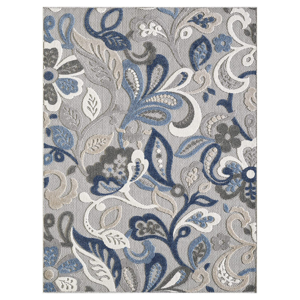HomeRoots Grey/Blue 8’ Round Blue Gray Jacobean Floral Indoor Outdoor Area Rug