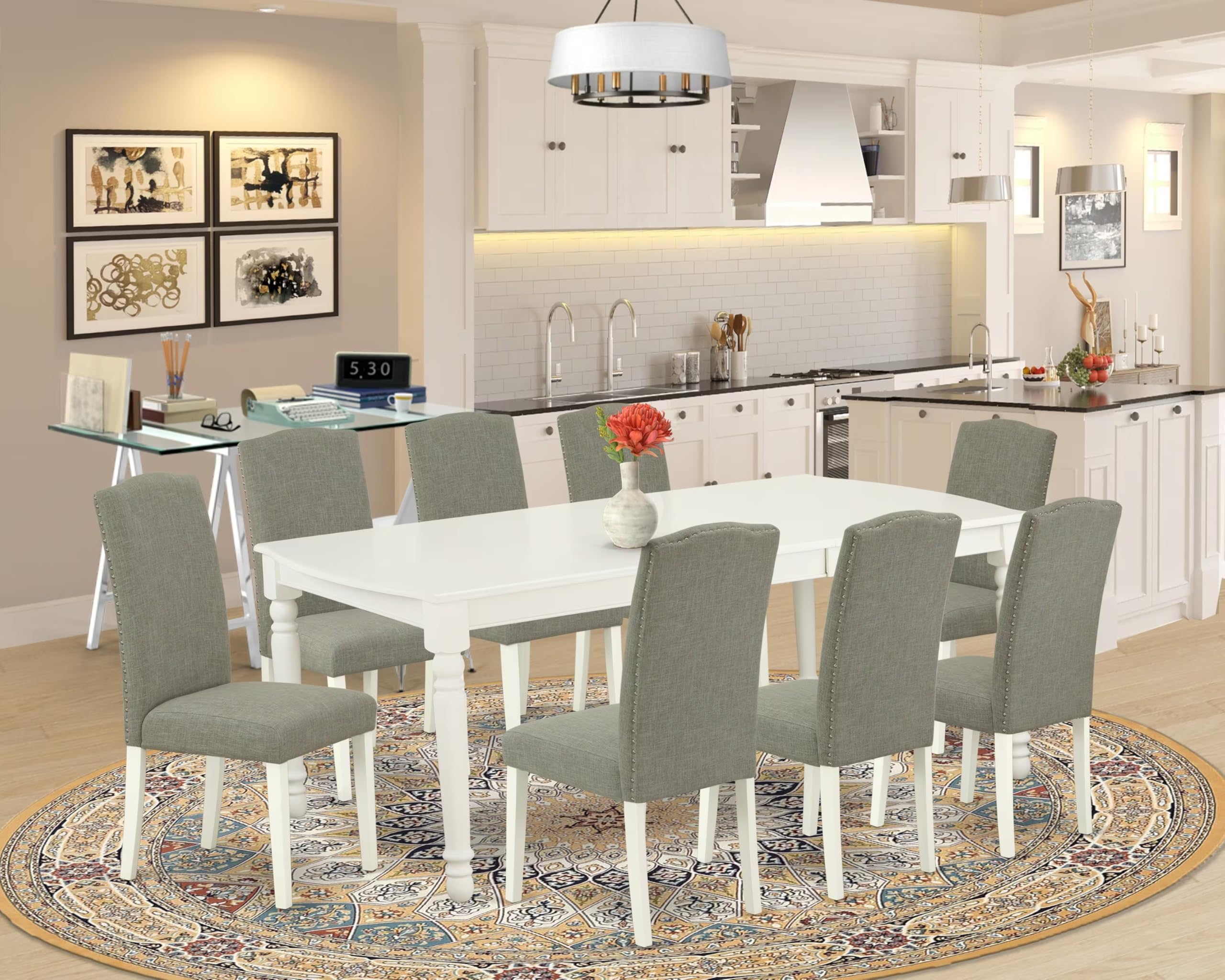 East West Furniture Doen9-Lwh-06 9 Piece Kitchen Table Set Includes A Rectangle Dining Table With Butterfly Leaf And 8 Dark Shitake Linen Fabric Padded Chairs, 42X78 Inch, Linen White