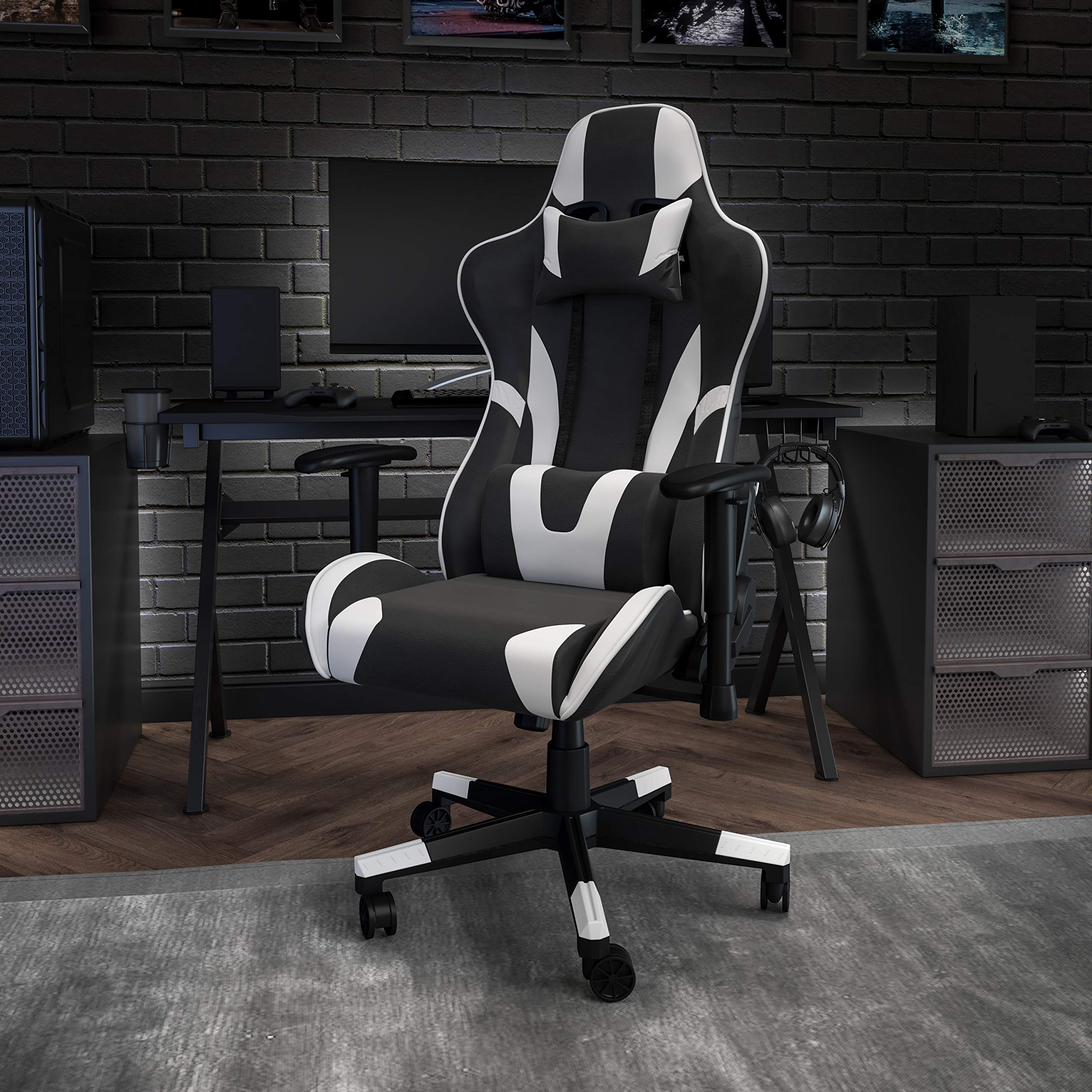 Flash Furniture X20 Fully Reclining Leathersoft Racing Style Gaming Chair With Headrest, Lumbar Pillows, Ergonomic Swivel Computer Chair, Black/White