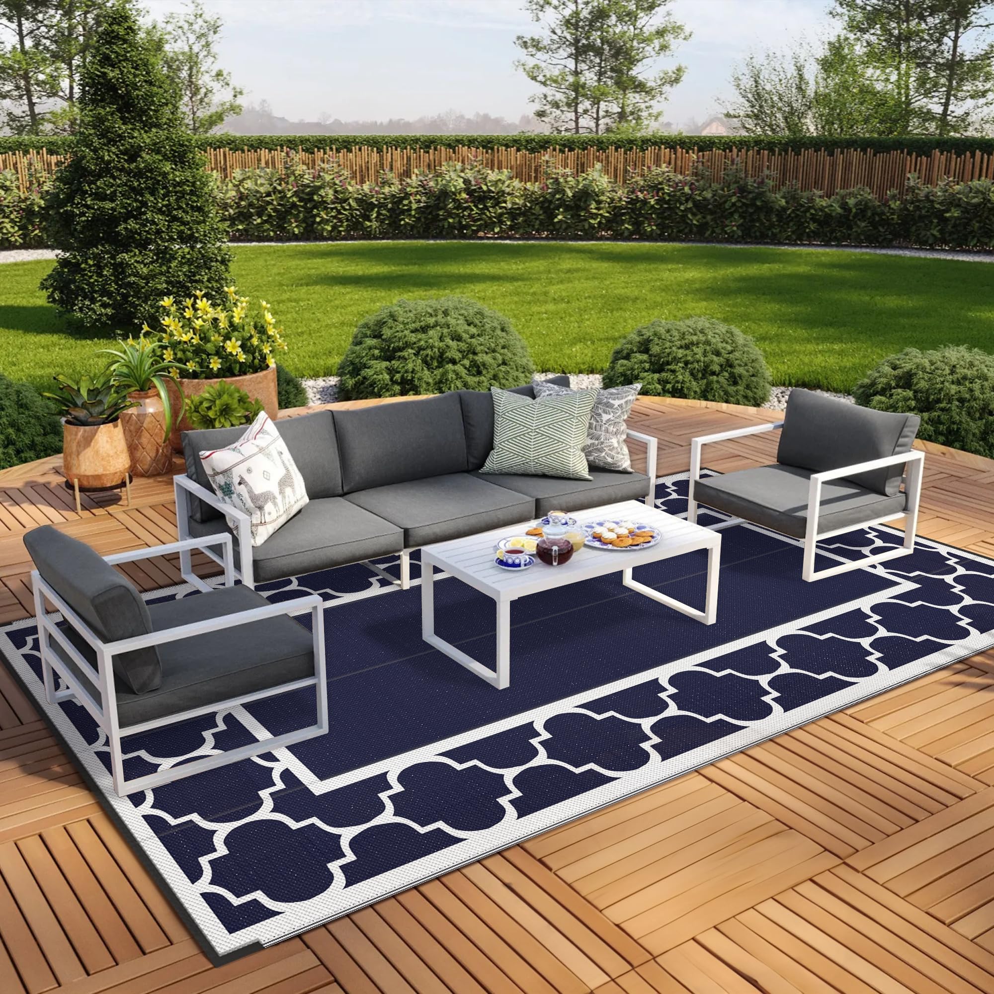 GENIMO 9  x 18  Outdoor Rug Waterproof for Patio, Foldable Reversible Plastic Straw Area Rugs Mat for Rv Decor, Outside Carpet