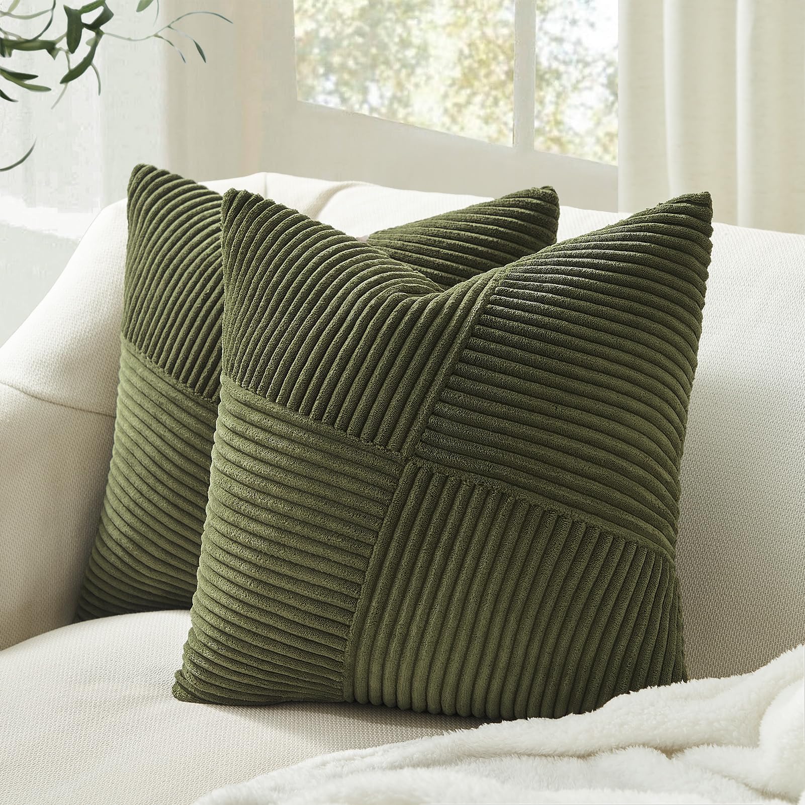 Topfinel 26X26 Inches Euro Pillow Shams Set Of 2 Olive Green Corduroy Decorative Throw Pillow Covers For Bedroom Living Room, Wi