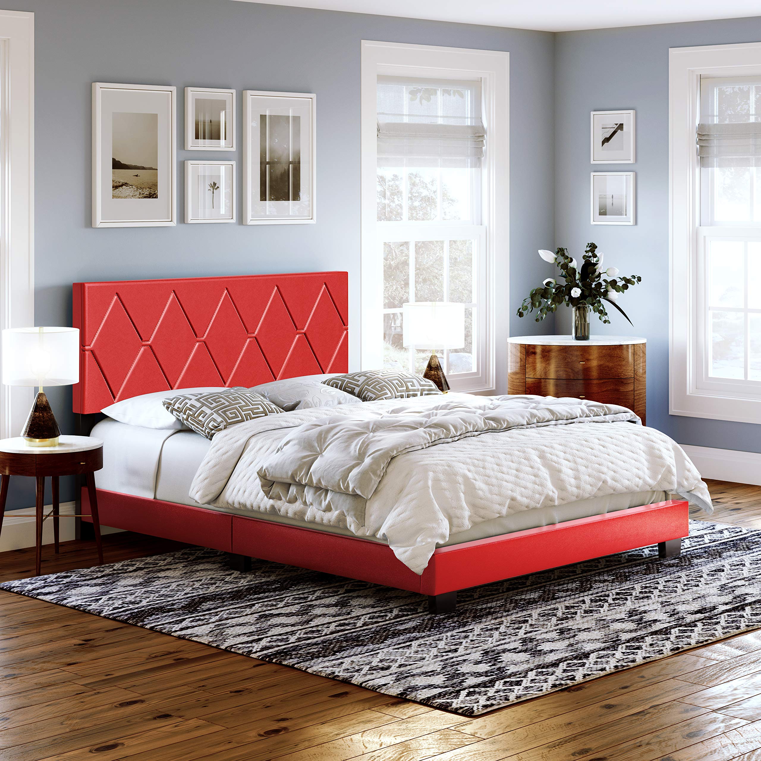 Boyd Sleep Charlat Upholstered Platform Bed with Headboard and Durable Mattress Foundation with Strong 4 Wood Slat Supports, Box Spring Required: Queen, Red