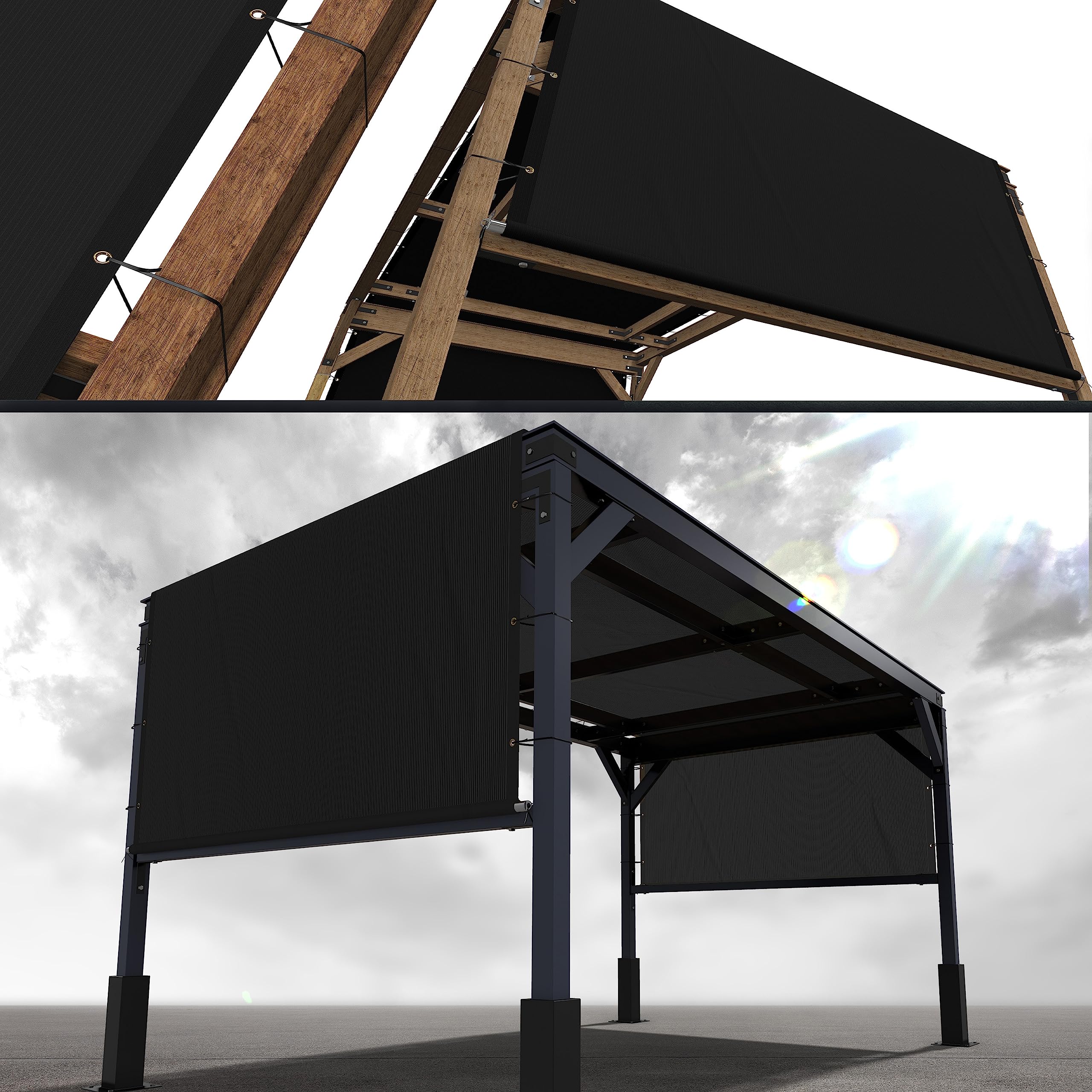 Royal Shade 12' W X 28' L Black Pergola Sun Shade Canopy Replacement Cover With Stainless Steel Weighted Rods, 95% Uv Blockage,