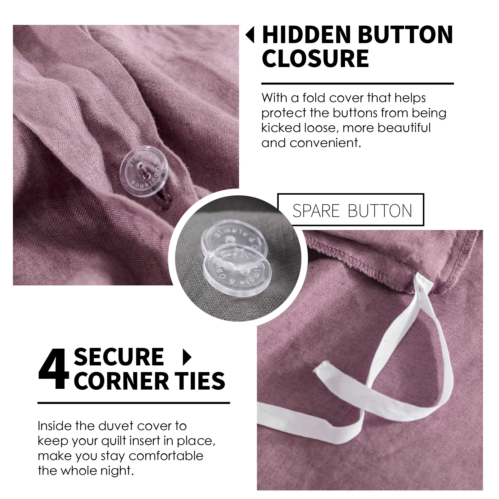 Simple&Opulence 100% Linen Duvet Cover Set 3Pcs Basic Style Natural French Washed Flax Solid Color Soft Breathable Farmhouse Bedding With Button Closure - Purple, King