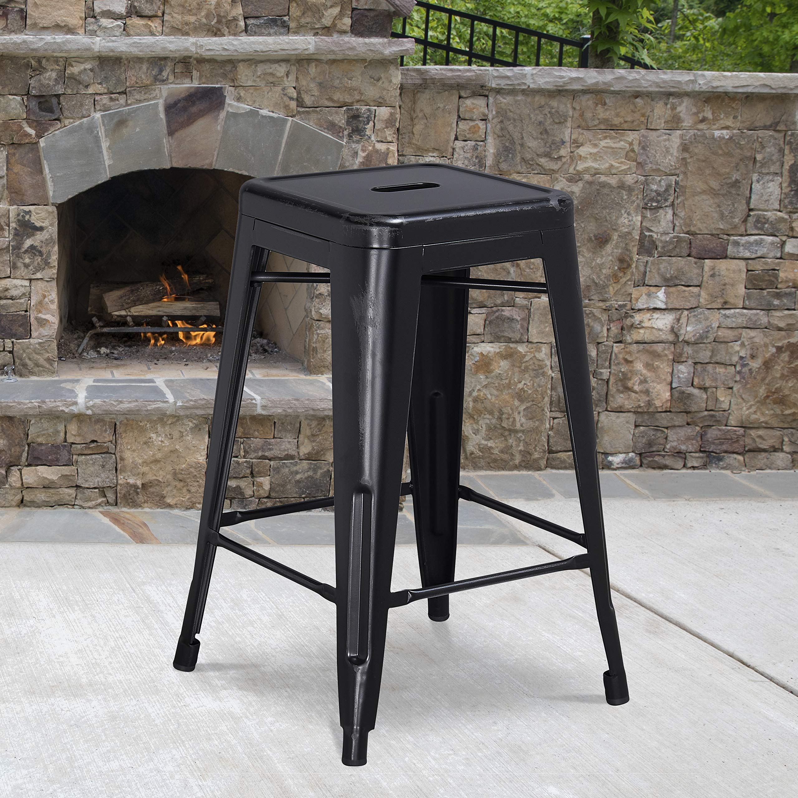 Flash Furniture Commercial Grade 24' High Backless Distressed Black Metal Indoor-Outdoor Counter Height Stool