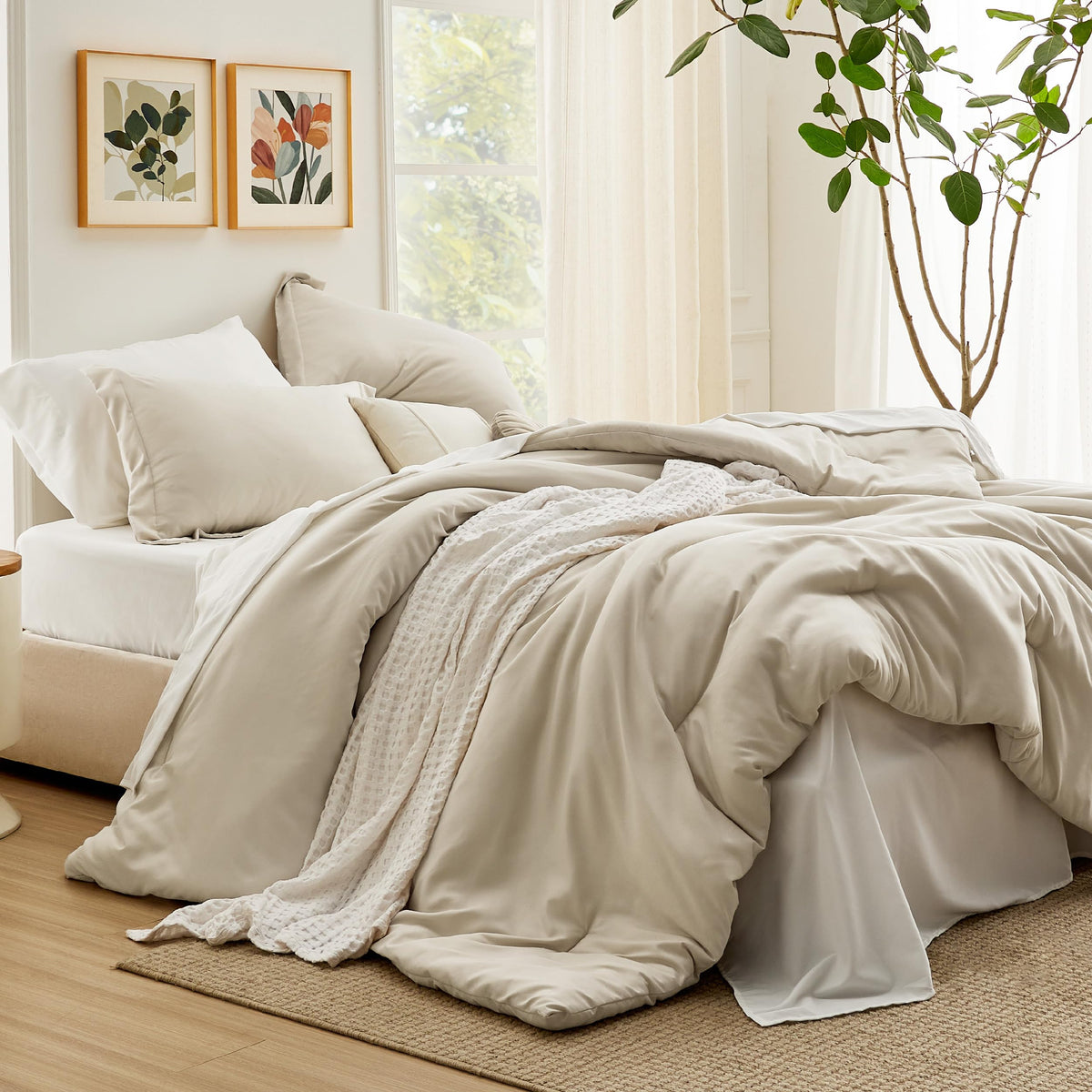 Bedsure Queen Comforter Set Beige, 7 Pieces Boho Bed In A Bag Queen Size, Gift For Christmas Contrasting Design Bedding Set With