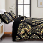 Djy Black Quilt Set California King Size, Boho Gold Damask Bedspread Coverlet Set Soft Lightweight Microfiber Luxury Bedding Set