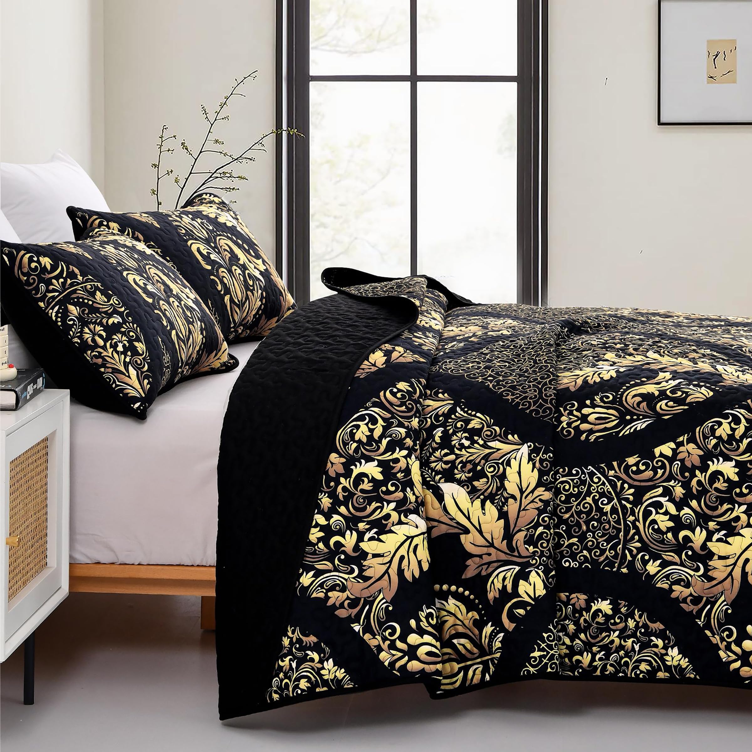 Djy Black Quilt Set California King Size, Boho Gold Damask Bedspread Coverlet Set Soft Lightweight Microfiber Luxury Bedding Set