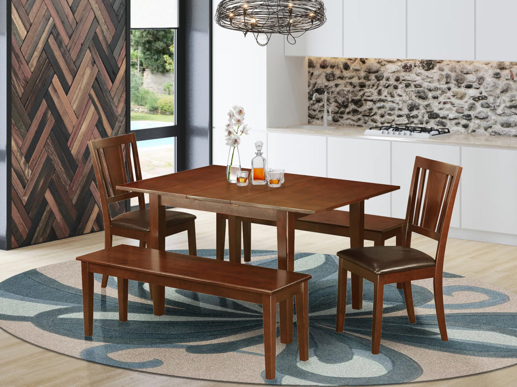 East West Furniture MLDU5D-MAH-LC 5 Piece Dining Room Set Includes a Rectangle Kitchen Table with Butterfly Leaf and 2 Faux Leather Dining Chairs with 2 Benches, 36x54 Inch, Mahogany