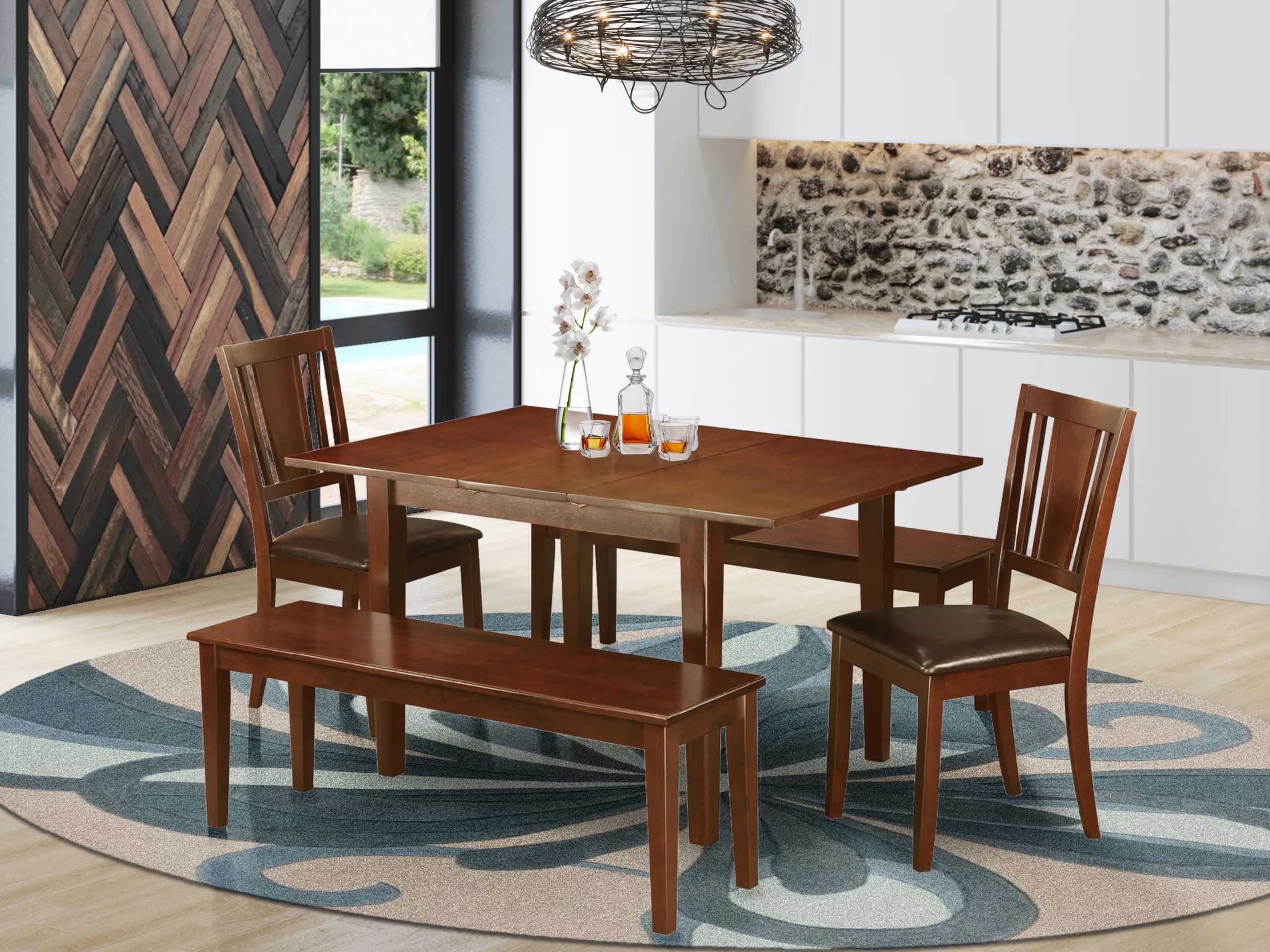 East West Furniture MLDU5D-MAH-LC 5 Piece Dining Room Set Includes a Rectangle Kitchen Table with Butterfly Leaf and 2 Faux Leather Dining Chairs with 2 Benches, 36x54 Inch, Mahogany