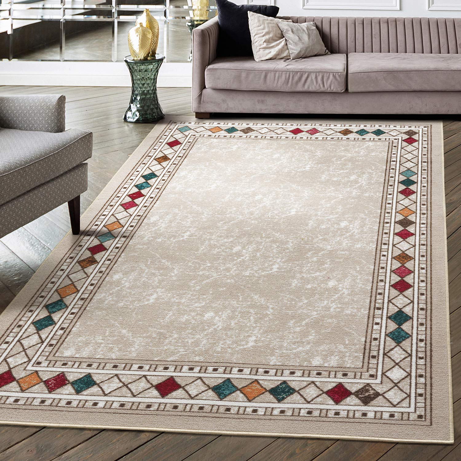 Antep Rugs Alfombras Modern Bordered 4x6 Non-Skid (Non-Slip) Low Profile Pile Rubber Backing Indoor Area Rugs (Beige, 4 x 58)