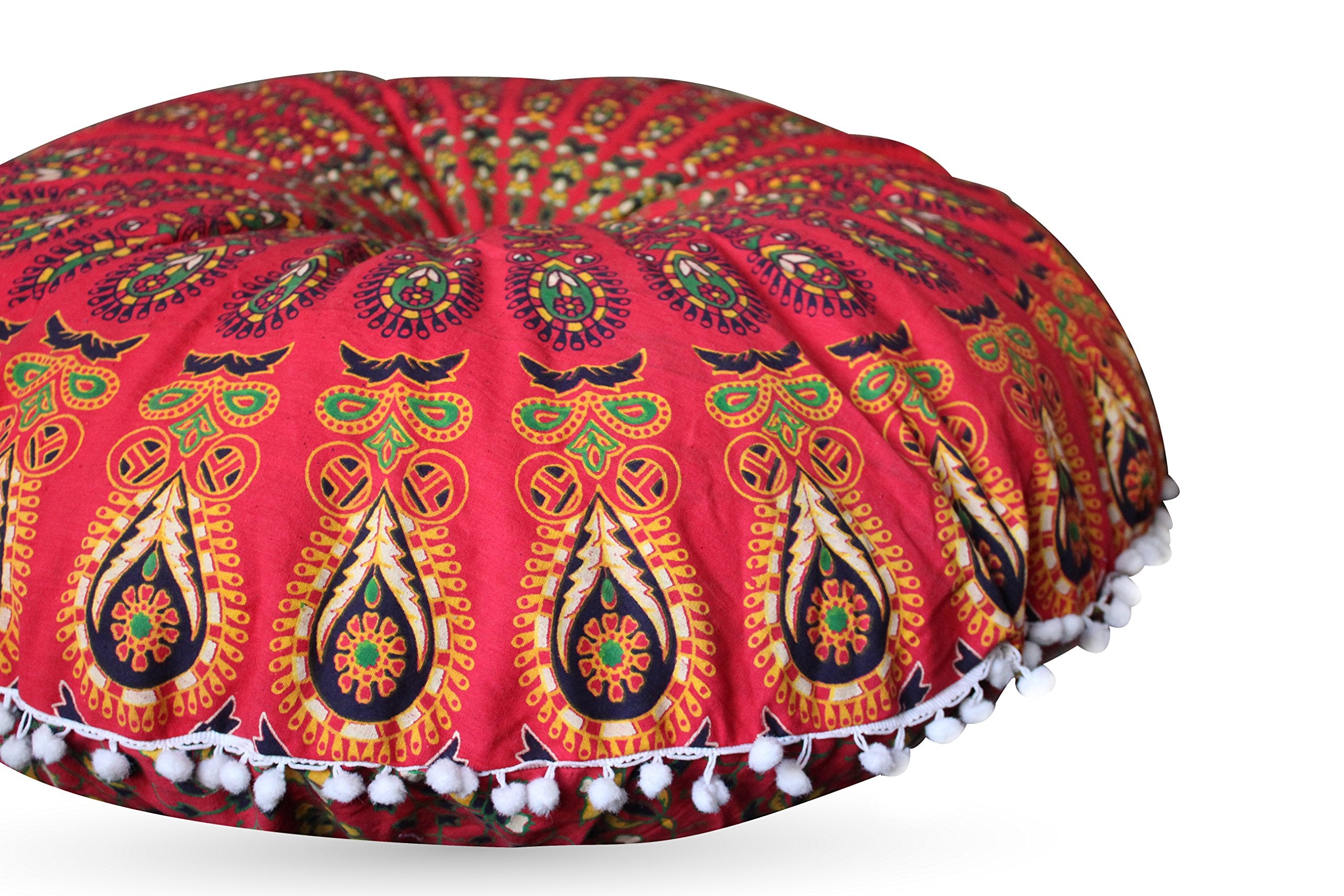 Boho Room Decor Aesthetic: Vintage Indie 32 Inches Indian Red Mandala Round Pillows Meditation Cushion Cover, Perfect For Cottag