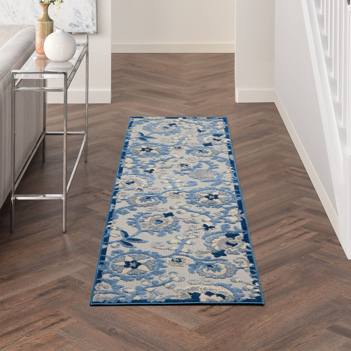 Nourison Aloha Indoor/Outdoor Blue/Grey 4' X Round Area -Rug, Easy -Cleaning, Non Shedding, Bed Room, Living Room, Dining Room, Deck, Backyard, Patio (4 Round)