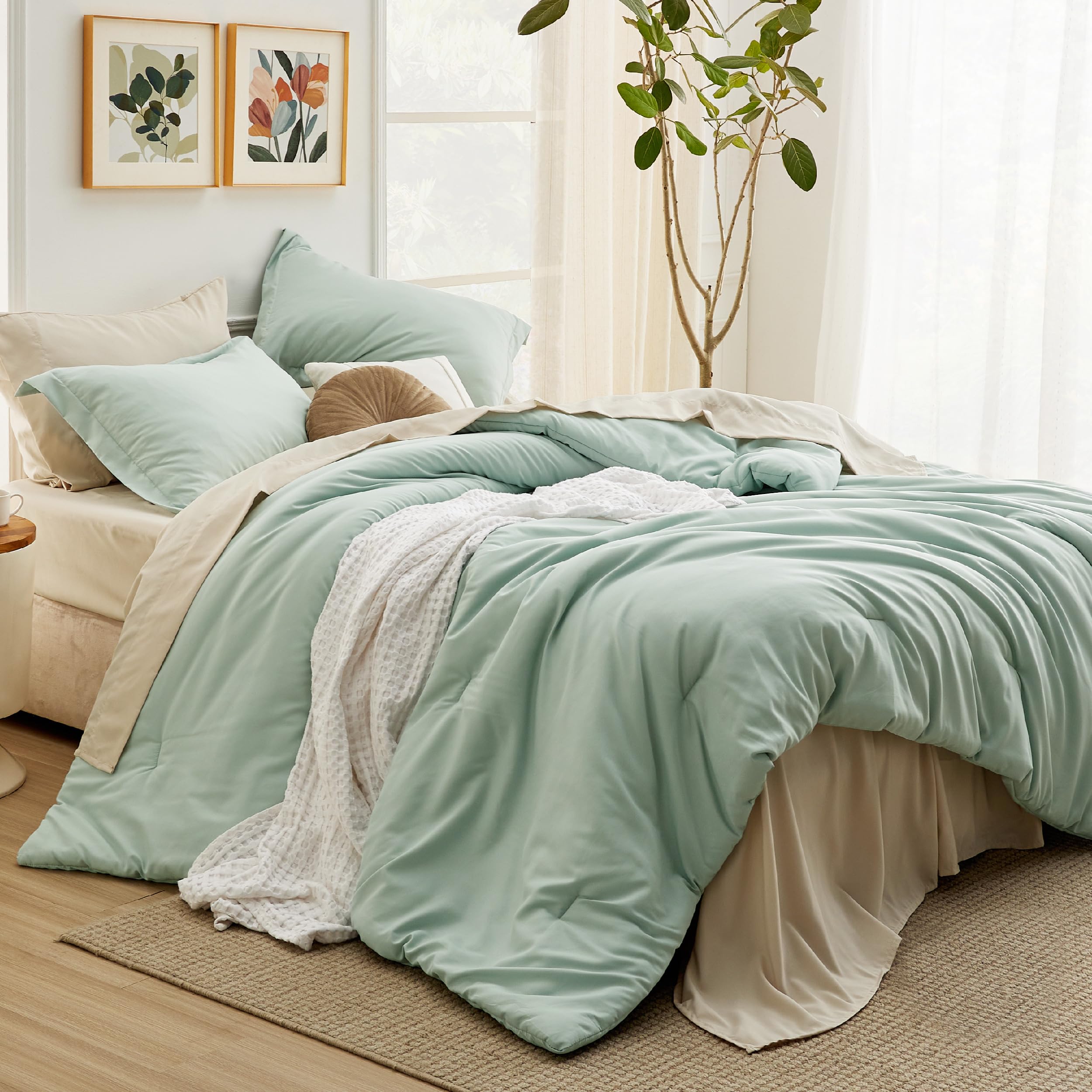 Bedsure Queen Comforter Set - 7 Pieces Sage Green Queen Bedding Set For All Seasons, Boho Contrasting Design Bed In A Bag With Comforter, Sheets, Pillowcases & Shams