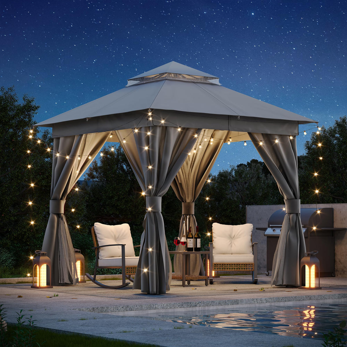 Lausaint Home Outdoor Patio Gazebo 8'X8' With Expansion Bolts, Heavy Duty Gazebos Shelter Party Tent With Double Roofs, Mosquito Nettings And Privacy Screens For Backyard, Garden, Lawn, Smoke Grey