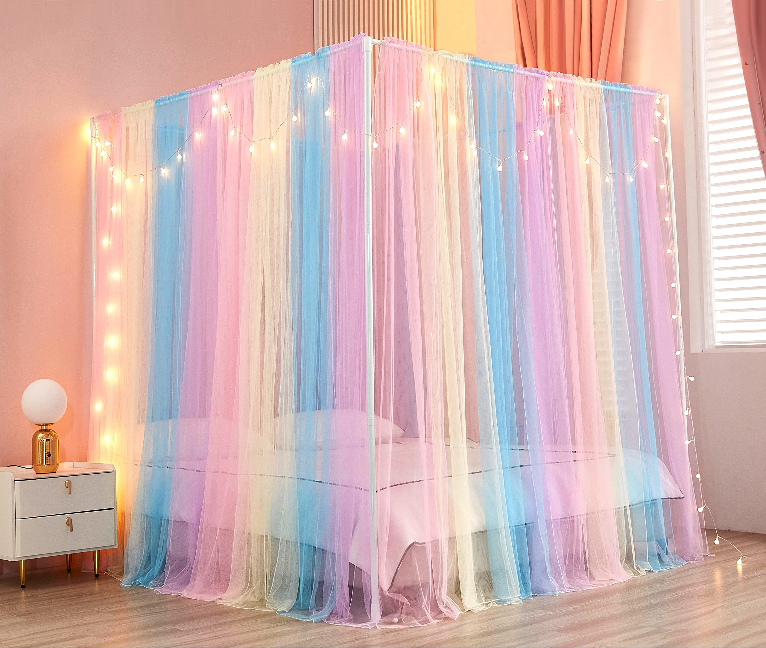 Akiky Canopy Bed Curtains With Lights 4 Corner Post Bed Canopy For Adults Girls, Rainbow Bed Drapes Netting-8 Panel Curtains,Twi