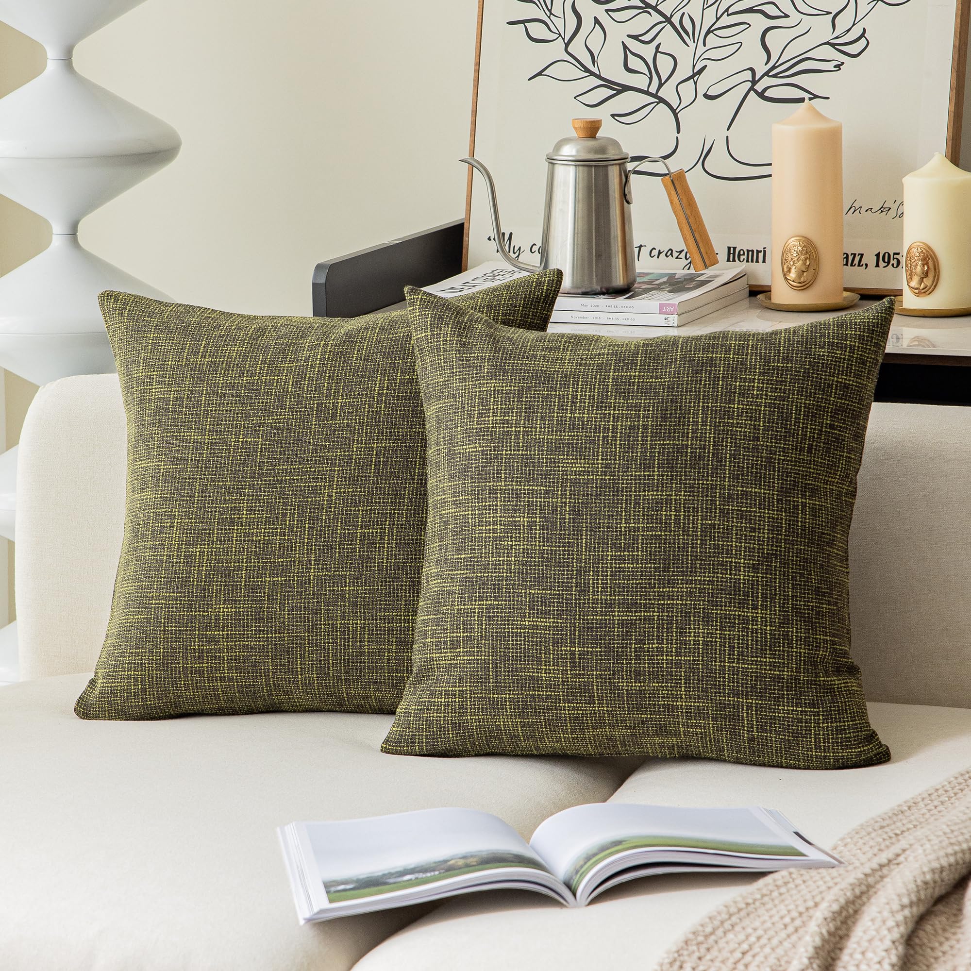 Kevin Textile Burlap Decoration Supersoft Linen Cushion Covers Square Throw Pillows Cover For Couch, Set Of 2, 61X61 Cm, Peridot Green
