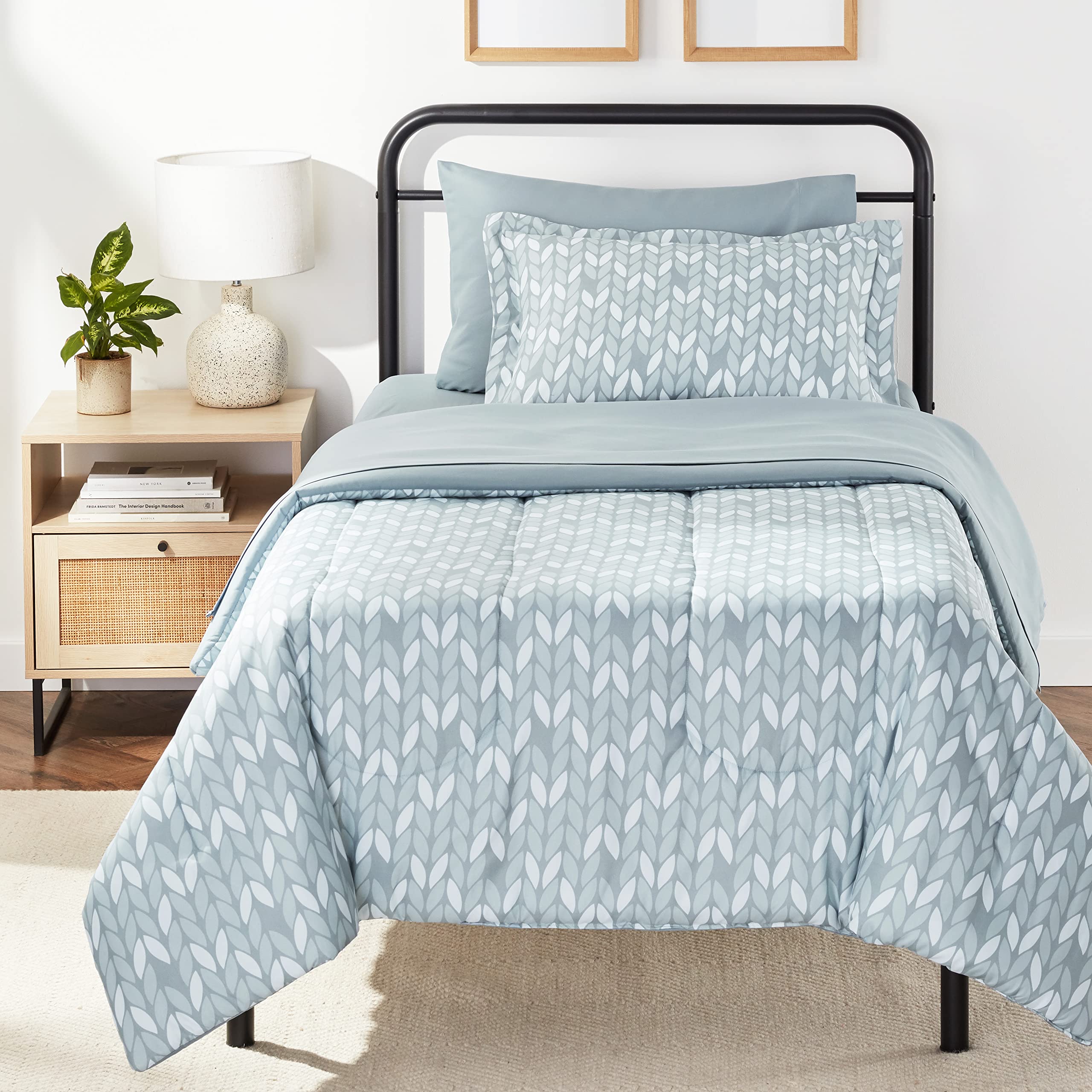 Amazon Basics Twin XL Comforter Set with Sheets, 5-Piece Gray Leaf Bedding, Lightweight Microfiber Bed-in-a-Bag