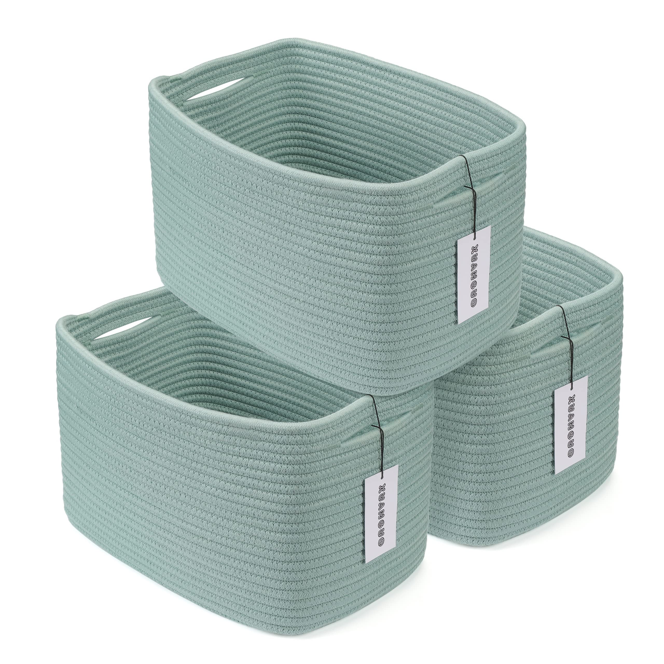 Cotton Rope storage Basket Bins Woven Basket for Organizing Shelves Rectangle Decorative Baskets For storage 3 pack (light blue)