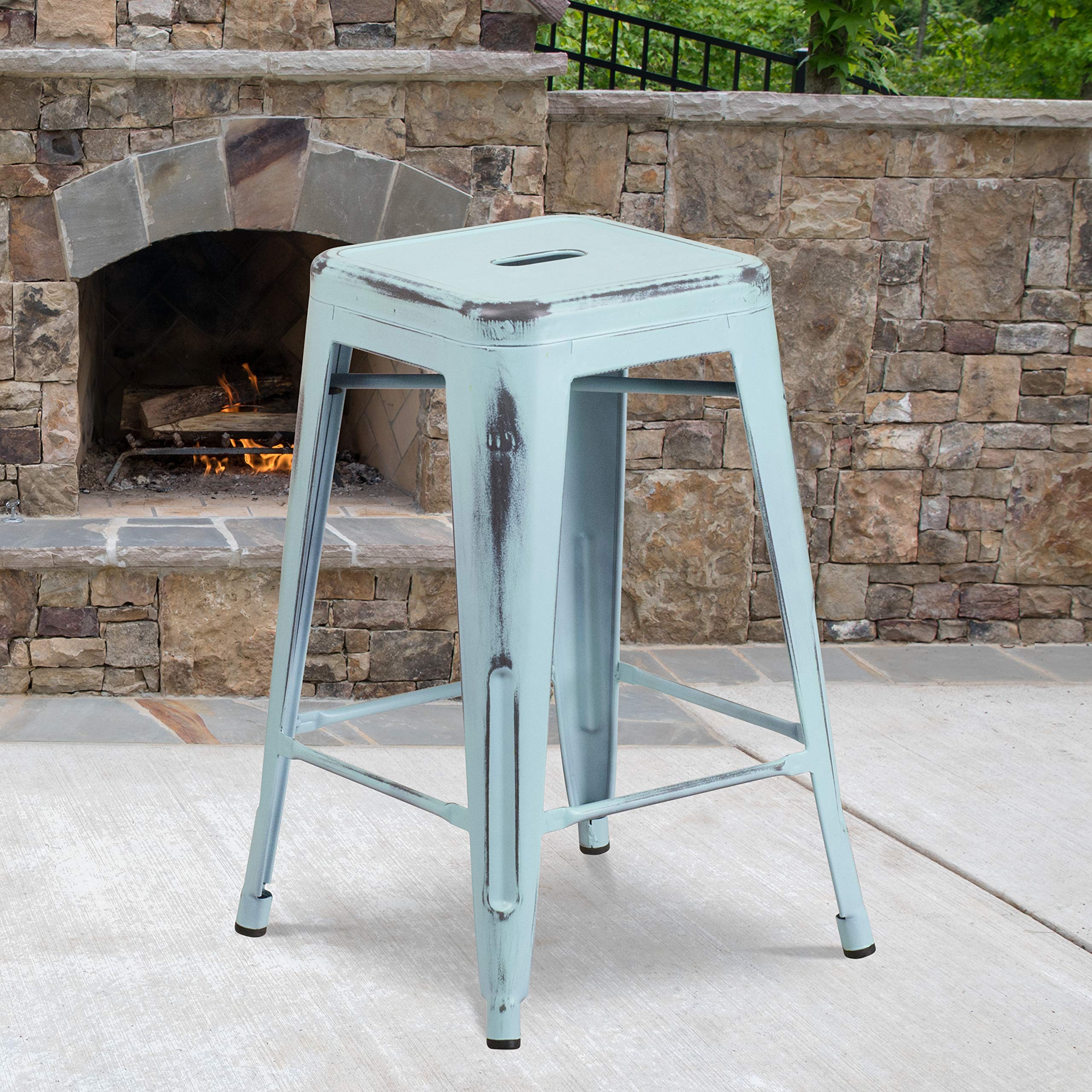 Flash Furniture Commercial Grade 24&quot; High Backless Distressed Green-Blue Metal Indoor-Outdoor Counter Height Stool