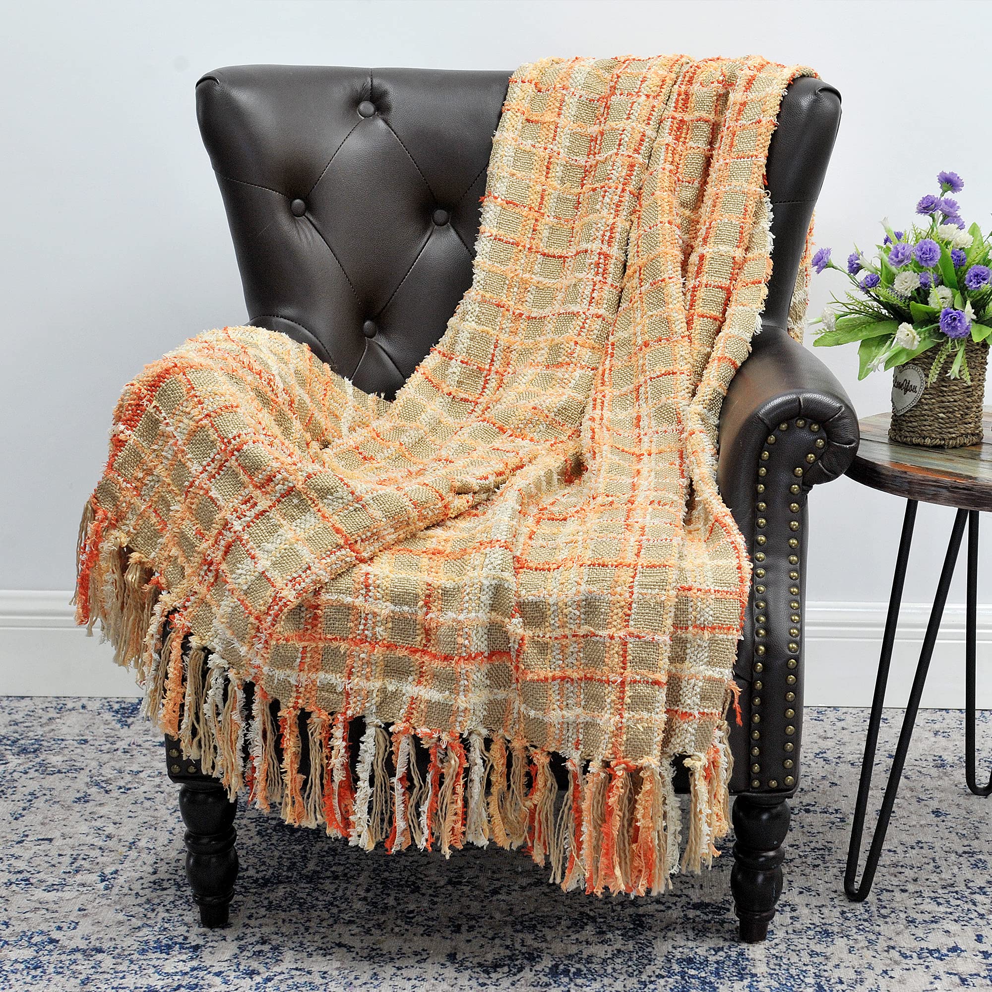 Home Soft Things Multi-Color Chenille Couch Throw Blanket, Burnt Orange, 50' X 60' Soft Warm Cozy Tartan Blanket With Tassels