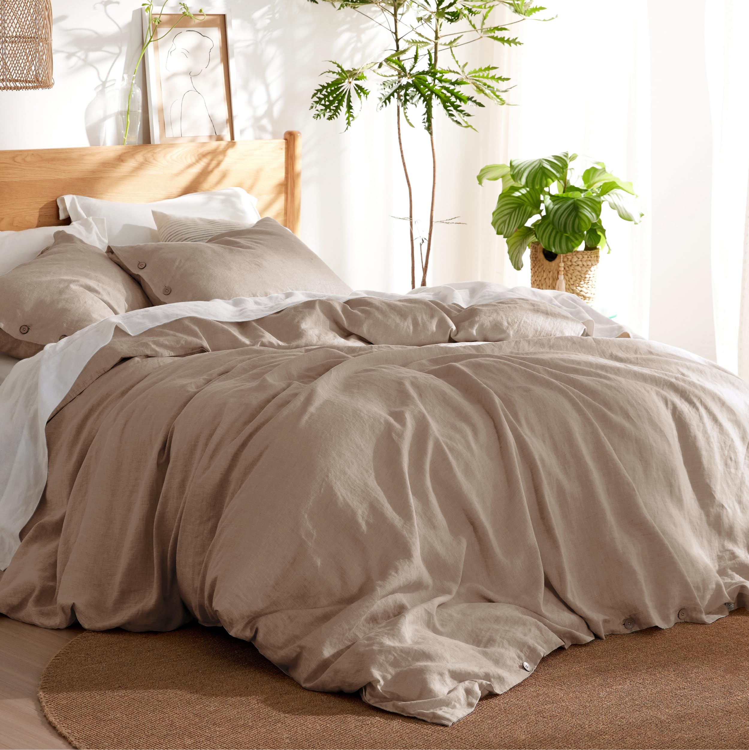 Bedsure Linen Duvet Cover Queen Size - Linen Cotton Blend Bedding Set, Soft & Cozy, 3 Pieces, 1 Duvet Cover 90X90 Inches And 2 Pillowcases, Khaki Color Cooling Bedding, Comforter Sold Separately