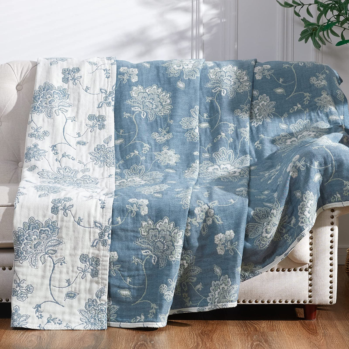 Jinchan Boho 100% Cotton Blanket Lightweight Queen Size 4-Layer Floral Throw Blanket Reversible For Couch Bed Soft Cozy All Seas