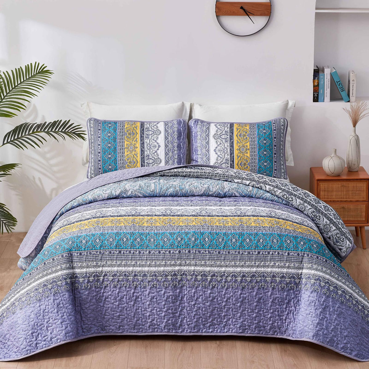 Wongs Bedding Boho Quilt Set King Size Purple, 3 Pieces Striped Bedspread Coverlet Set, Bohemian Soft Lightweight Microfiber For