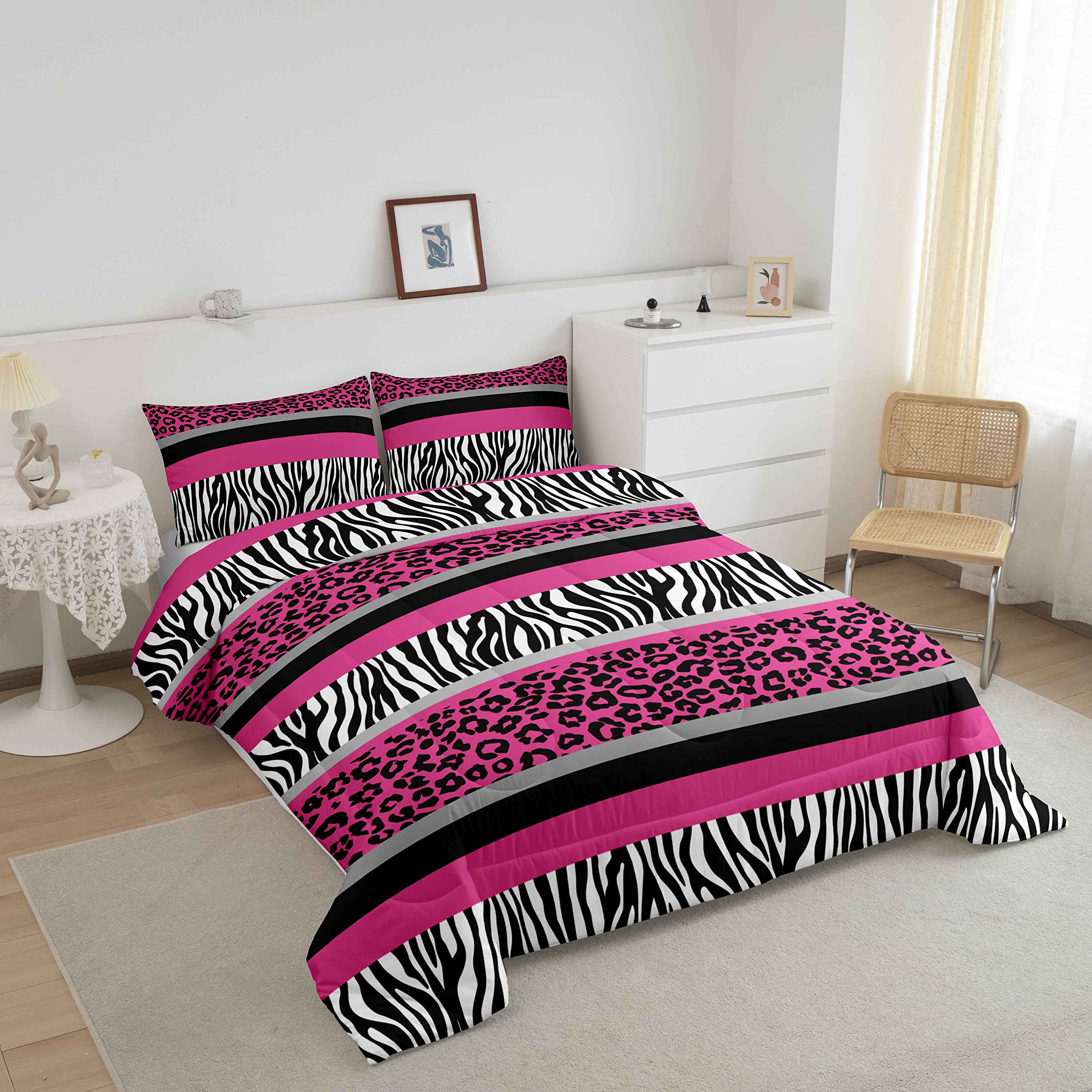 Zebra Stripes Comforter Leopard Print Comforter Set For Kids Boys Girls Pink Black White Zebra Leopard Fur Bedding Set Ultra Soft Decor Wild Animal Skin Texture Pattern Duvet Set Twin Size Quilt Set