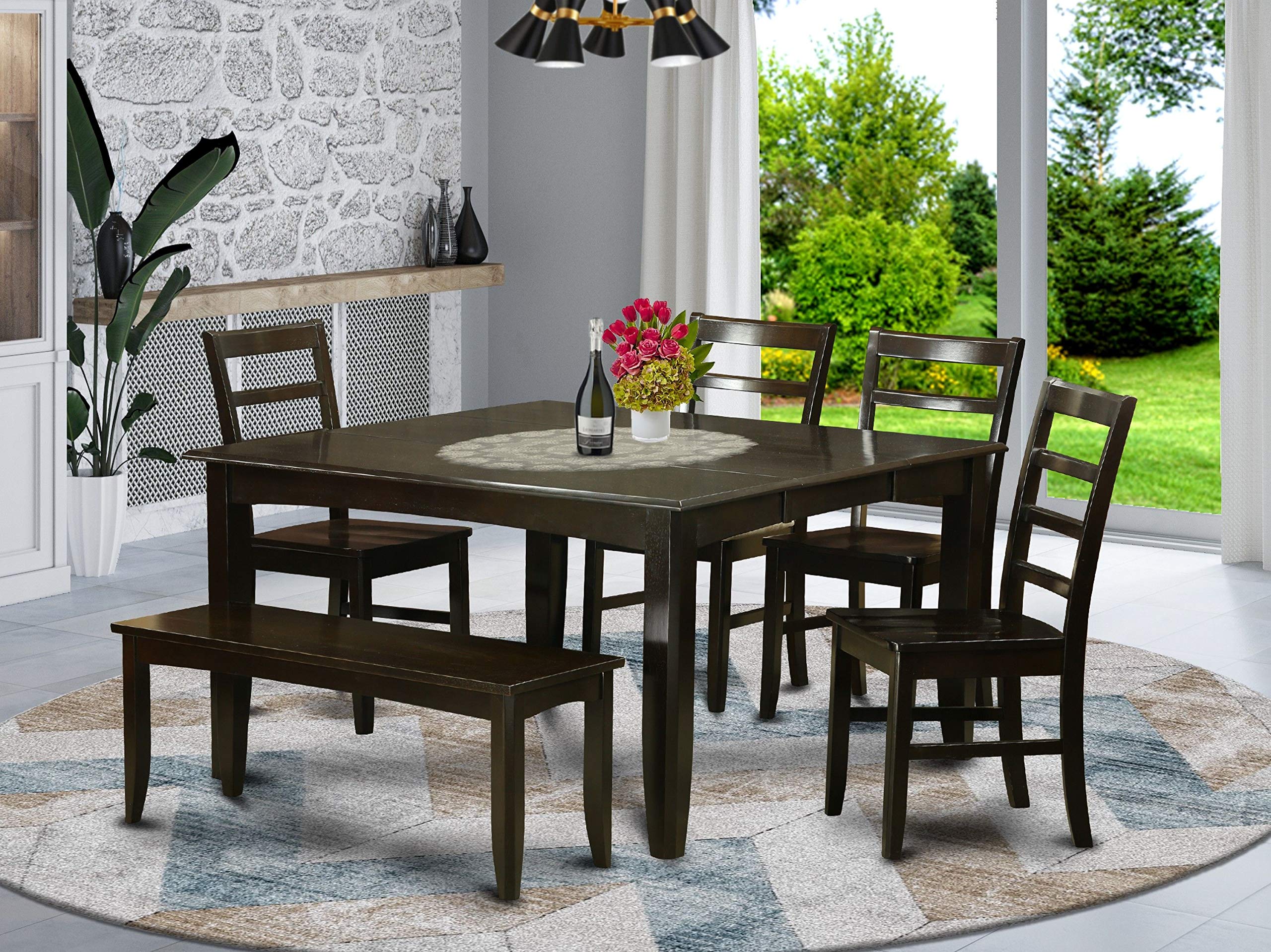 East West Furniture PARF6-CAP-W 6 Piece Room Furniture Set Contains a Square Kitchen Table with Butterfly Leaf and 4 Dining Chairs with a Bench, 54x54 Inch