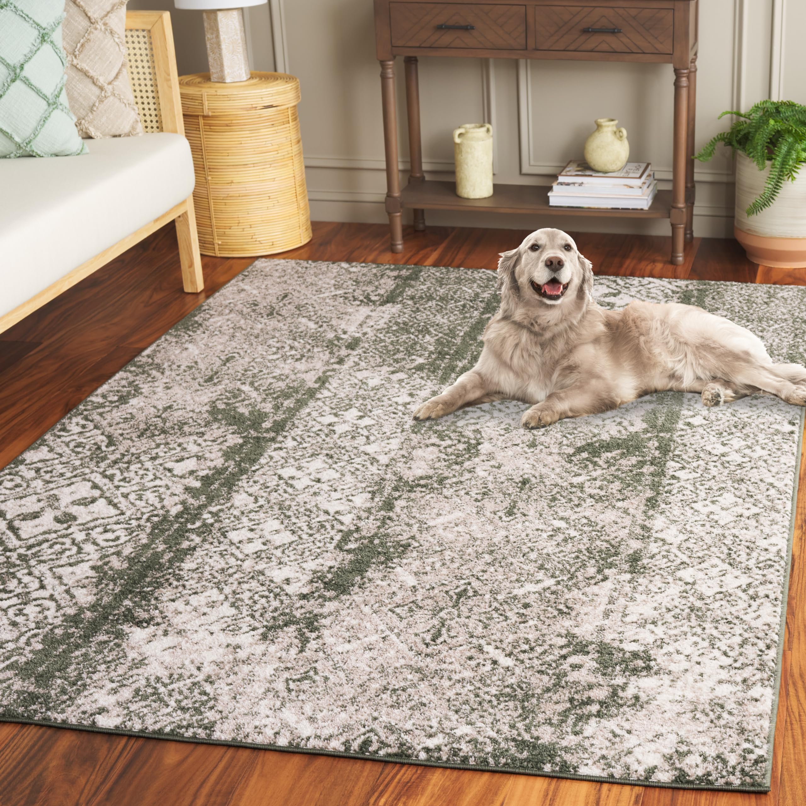 SAFAVIEH Adirondack Collection Area Rug - 8 x 10, Dark Green & Ivory, Transitional Design, Stain Resistant, Ideal for High Tra