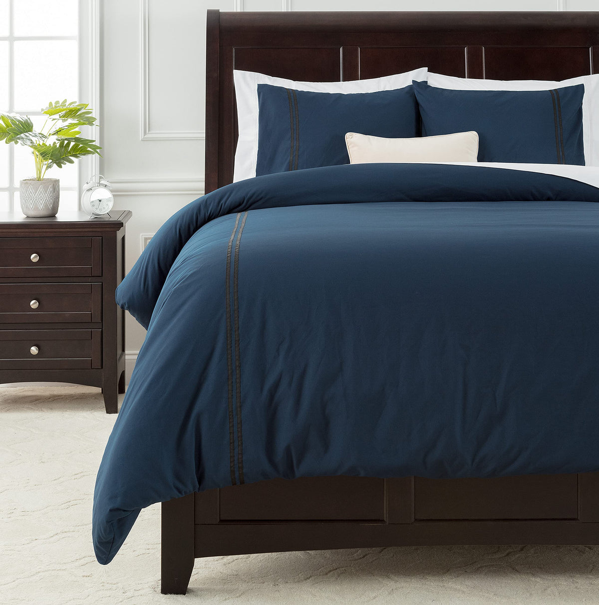 Chanasya Premium Bordered Navy Duvet Comforter Cover Bedding Set King Size - Stich 3-Piece Set Luxurious Minimalist Style Brushe