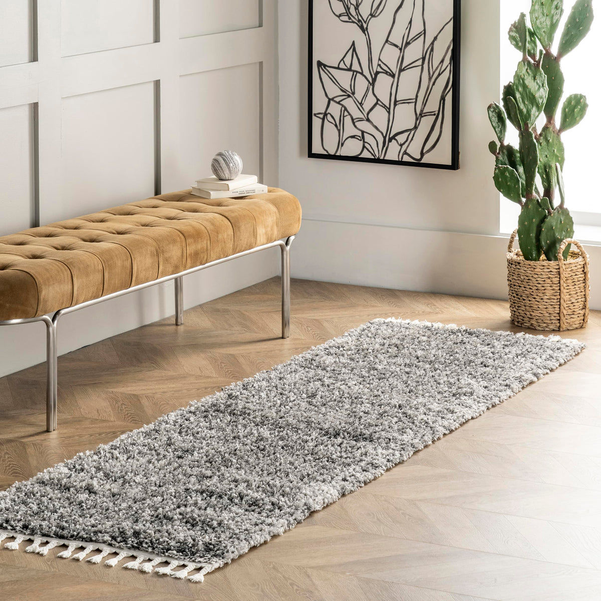 nuLOOM Brooke Shag Tasseled Area Rug - 2x12 Runner Shag Rug Casual Grey/Ivory Rugs for Living Room Bedroom Dining Room Nursery E