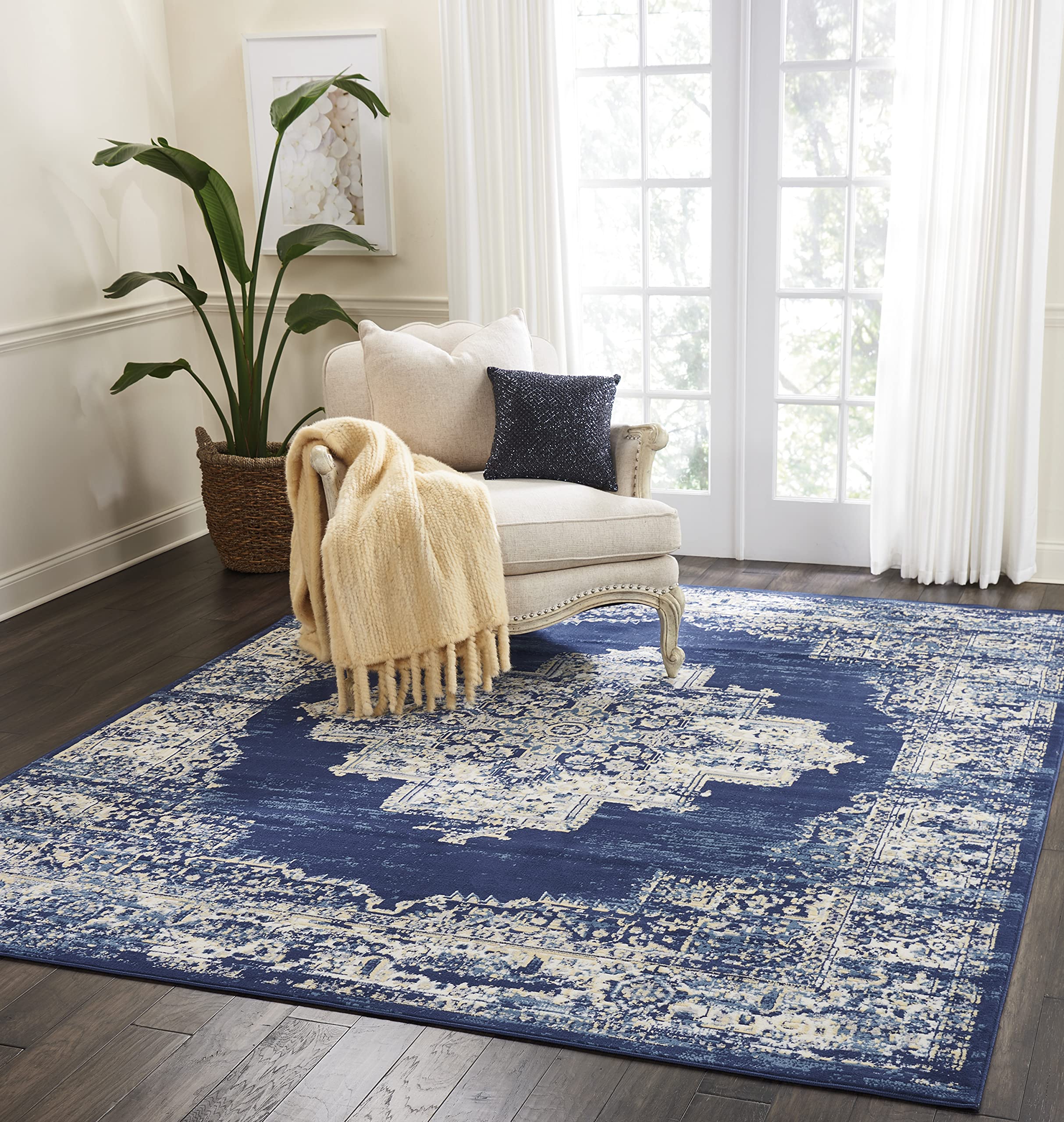 Nourison Grafix Traditional Navy Blue 7 x 10 Area -Rug, Easy -Cleaning, Non Shedding, Bed Room, Living Room, Dining Room, Kitc