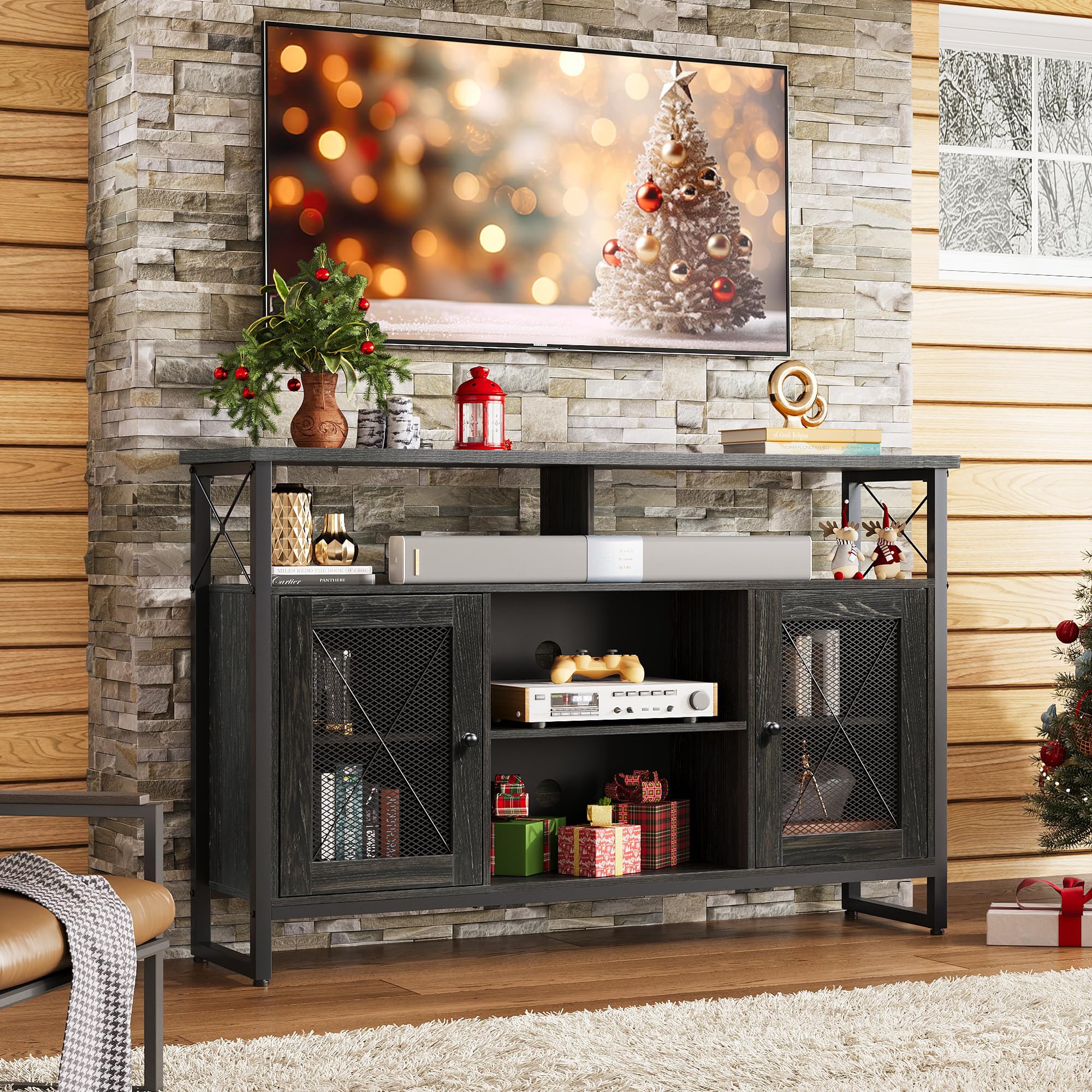 Wlive Tv Stand 55 Inch Tv,Tall Entertainment Center With Storage, Farmhouse Industrial Tv Console For Bedroom Living Room, Charcoal Black
