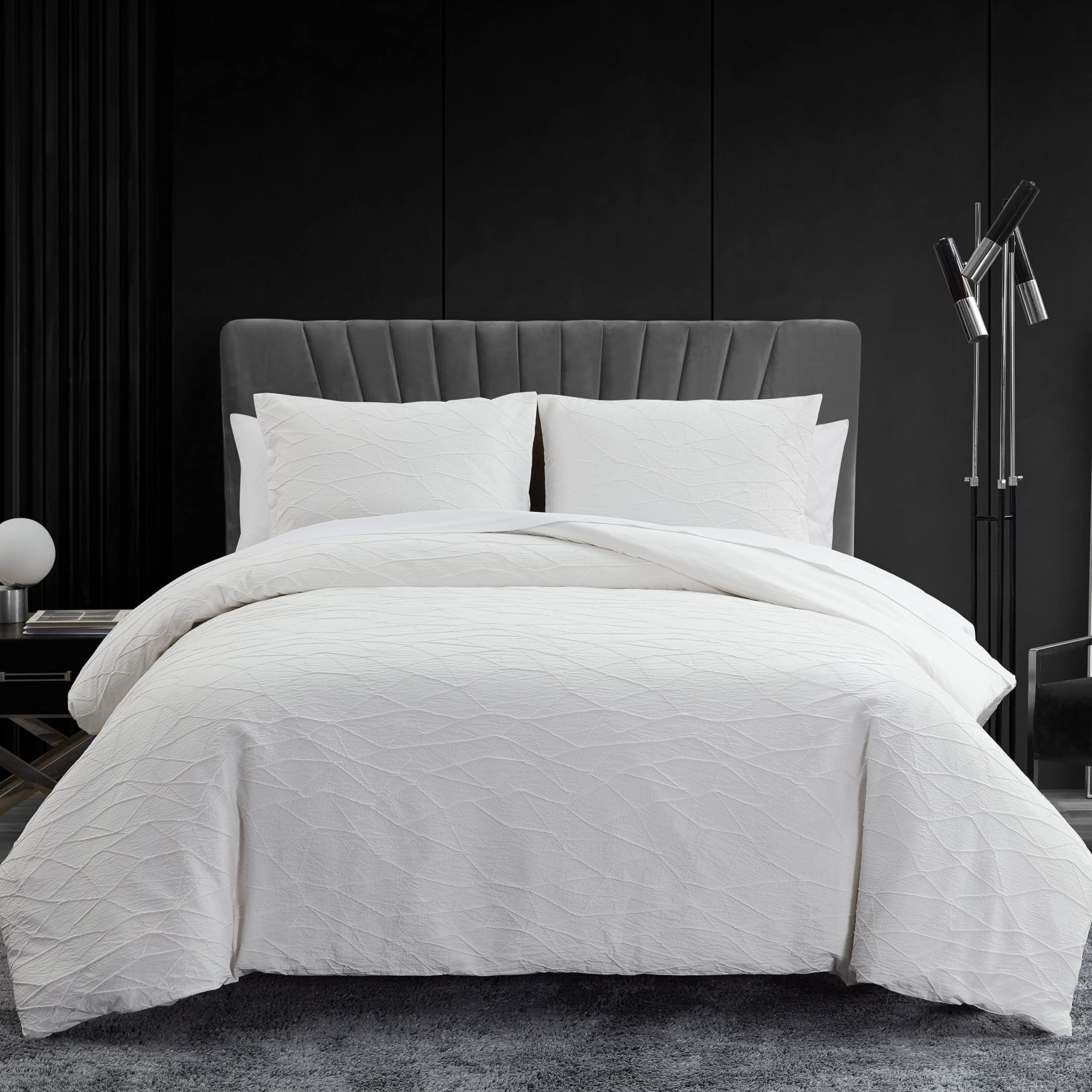 Vera Wang - Queen Duvet Cover Set, Luxury Bedding With Button Closure, Includes Matching Shams (Abstract Crinkle White, Queen)