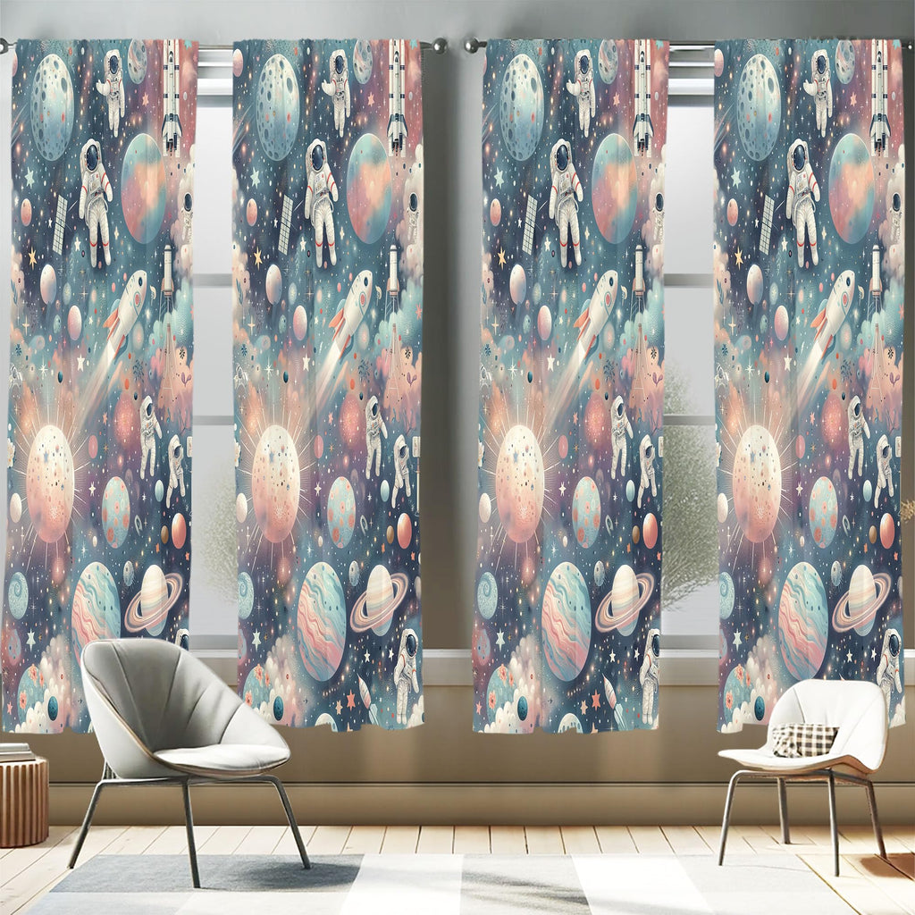 Ambesonne Outer Space Window Curtains Pack of 2, Dreamy Cartoon Galaxy with Starry Clouds Planets Astronauts Rockets, Lightweigh