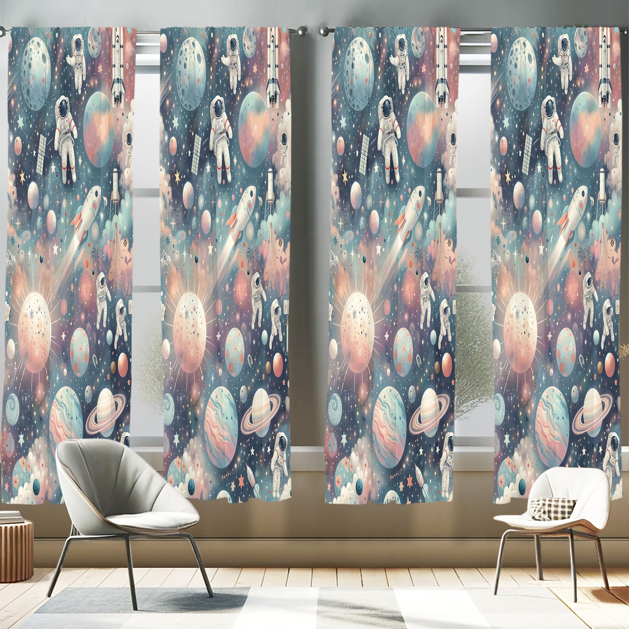 Ambesonne Outer Space Window Curtains Pack of 2, Dreamy Cartoon Galaxy with Starry Clouds Planets Astronauts Rockets, Lightweigh