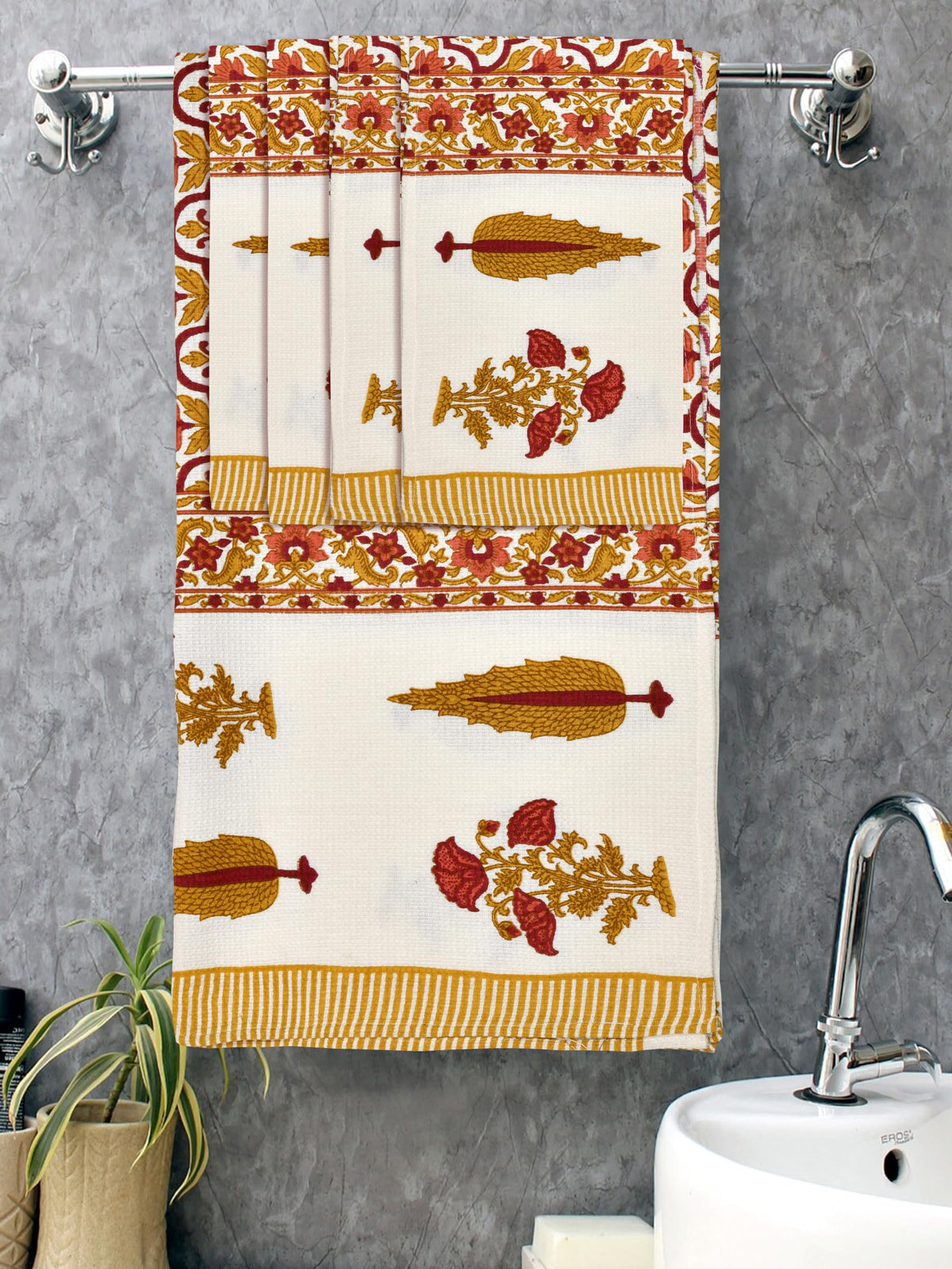 Mafatlal Madhuban Cotton Waffle Set (1 Bath 14776 cm + 4 Hand 7638 cm) | 250 GSM | Hand Block Printed Floral | Bronze Mist