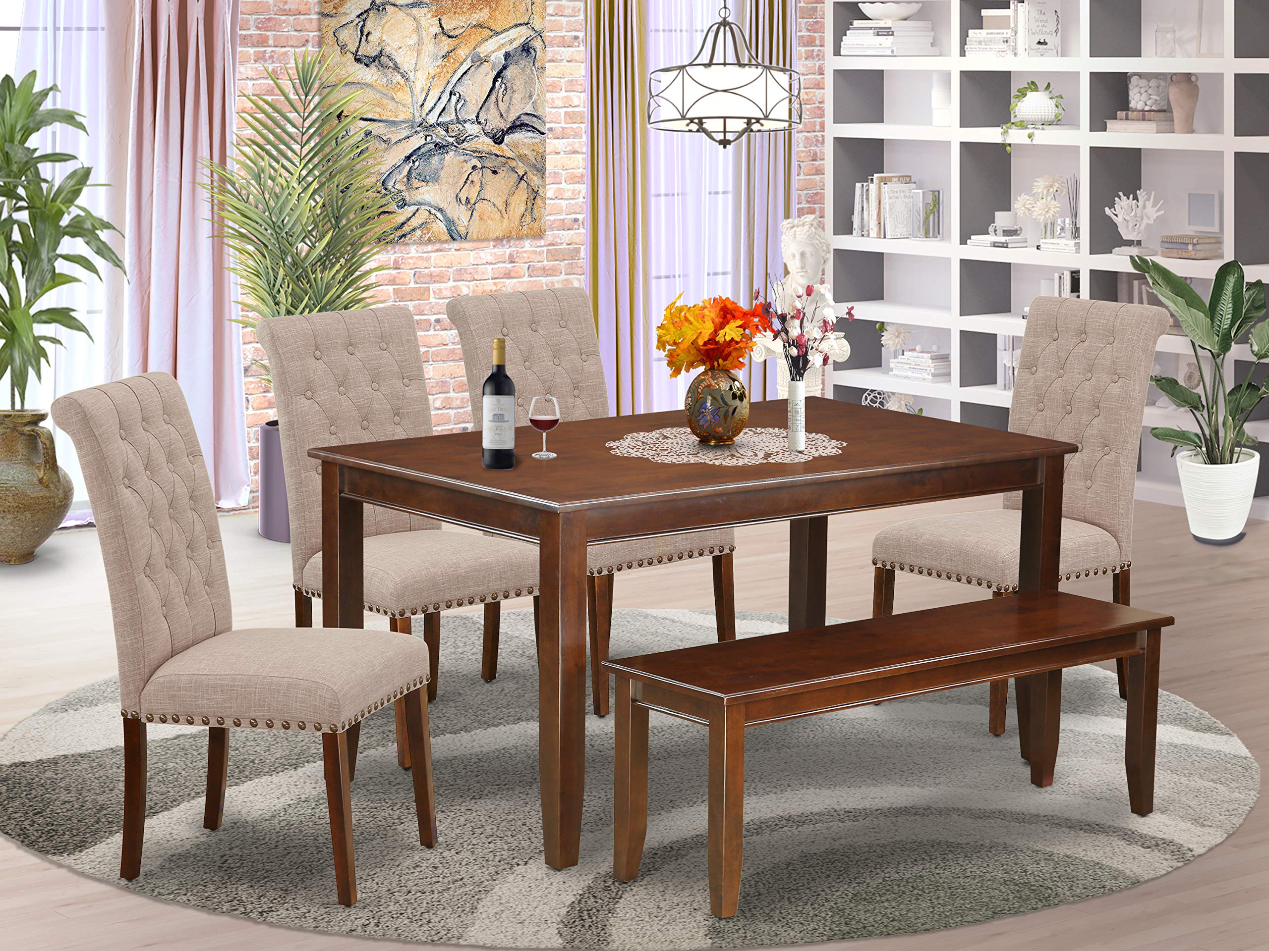 East West Furniture Dubr6-Mah-04 Dudley 6 Piece Modern Dining Set Contains A Rectangle Wooden Table And 4 Light Tan Linen Fabric Parson Chairs With A Bench, 36X60 Inch, Mahogany