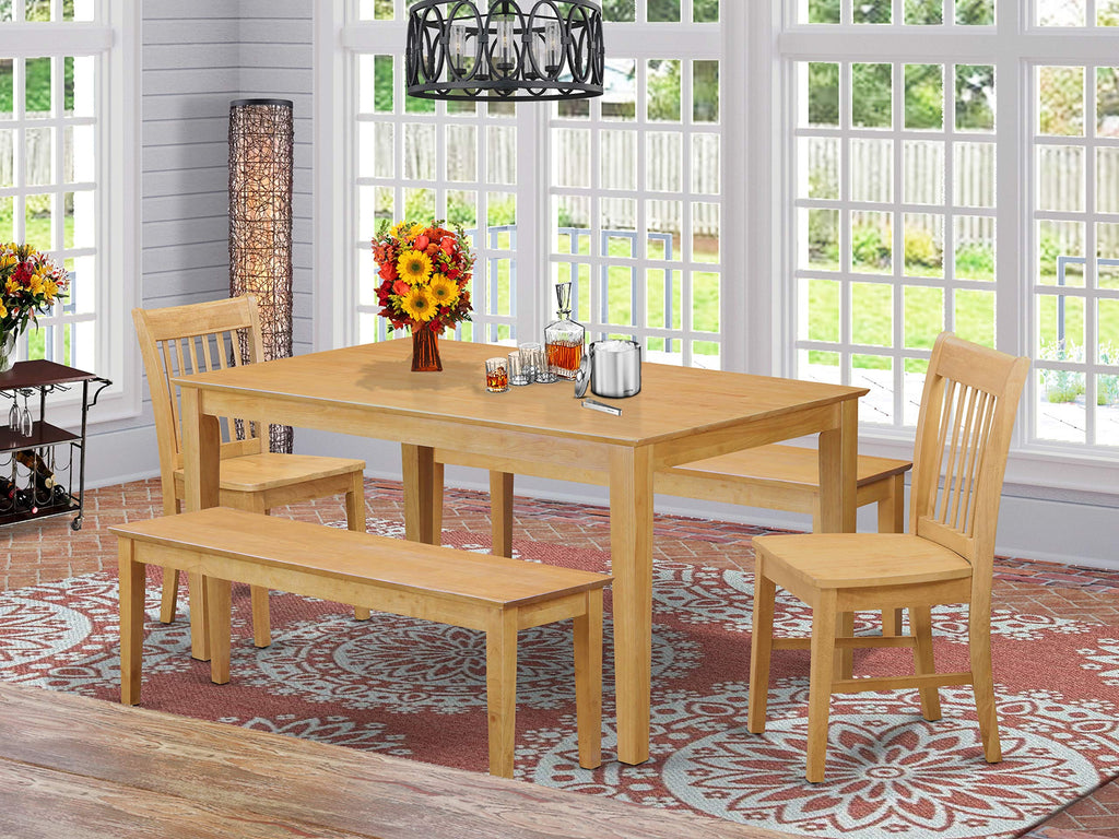 East West Furniture CANO5C-OAK-W 5 Piece Modern Dining Table Set Includes a Rectangle Kitchen Table and 2 Wooden Chairs with 2 Benches, 36x60 Inch, Oak