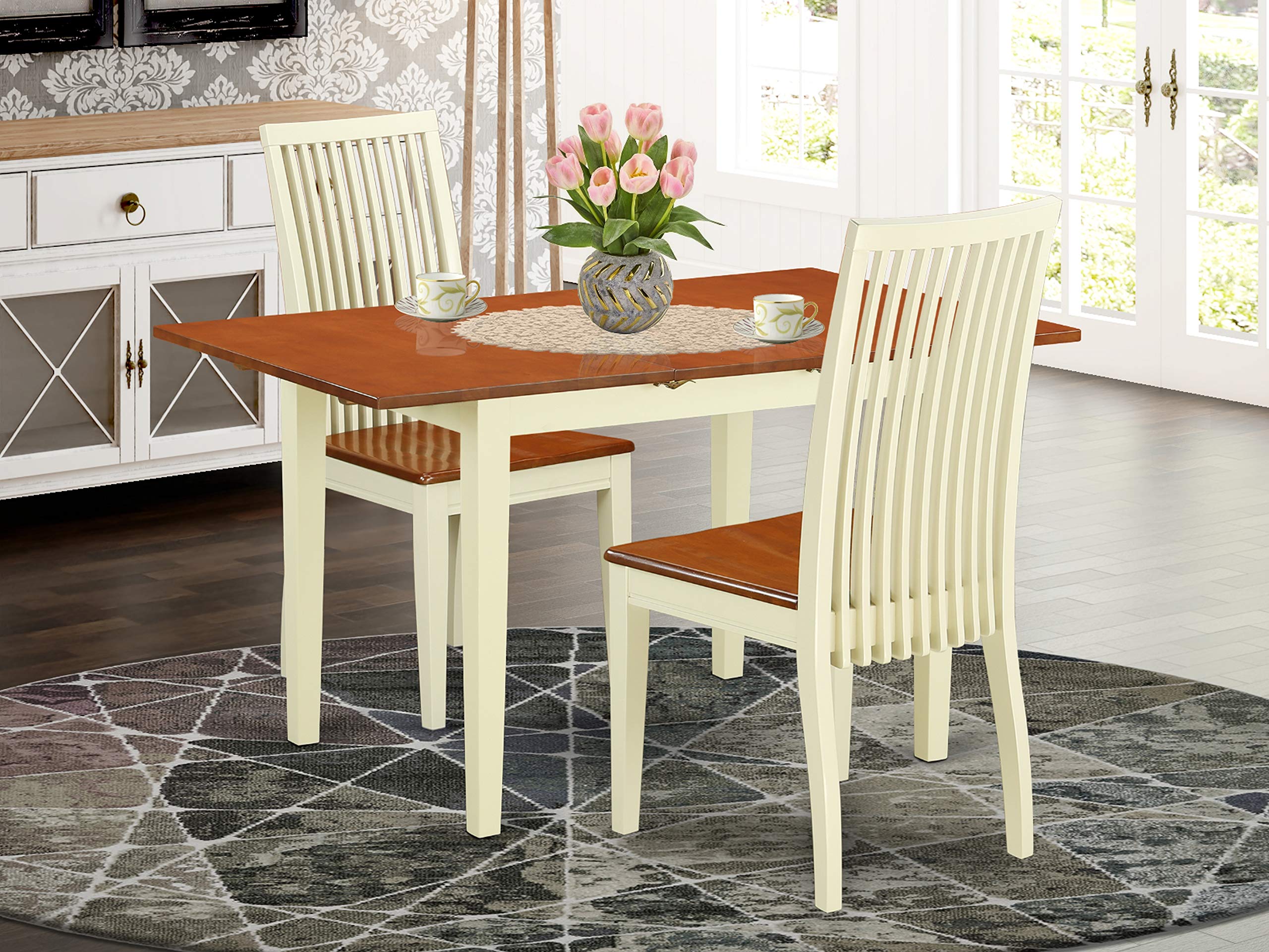 East West Furniture NOIP3-BMK-W 3 Piece Kitchen Table & Chairs Set Contains a Rectangle Dining Room Table with Butterfly Leaf and 2 Solid Wood Seat Chairs, 32x54 Inch, Buttermilk & Cherry