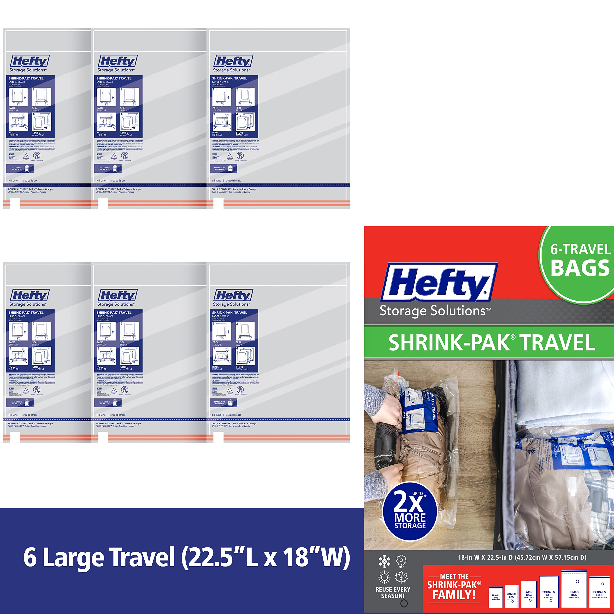 Hefty Shrink-Pak Large Travel Bags - Airtight Storage Bags For Maximum Space Saving, Travel Essentials, Ideal For Travel And Pac