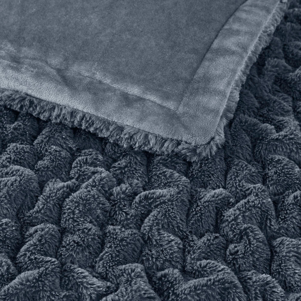 Madison Park Ruched Luxury Throw Premium Soft Cozy Brushed Long Faux Fur For Bed, Couch Or Sofa, 50''X60'', Slate Blue