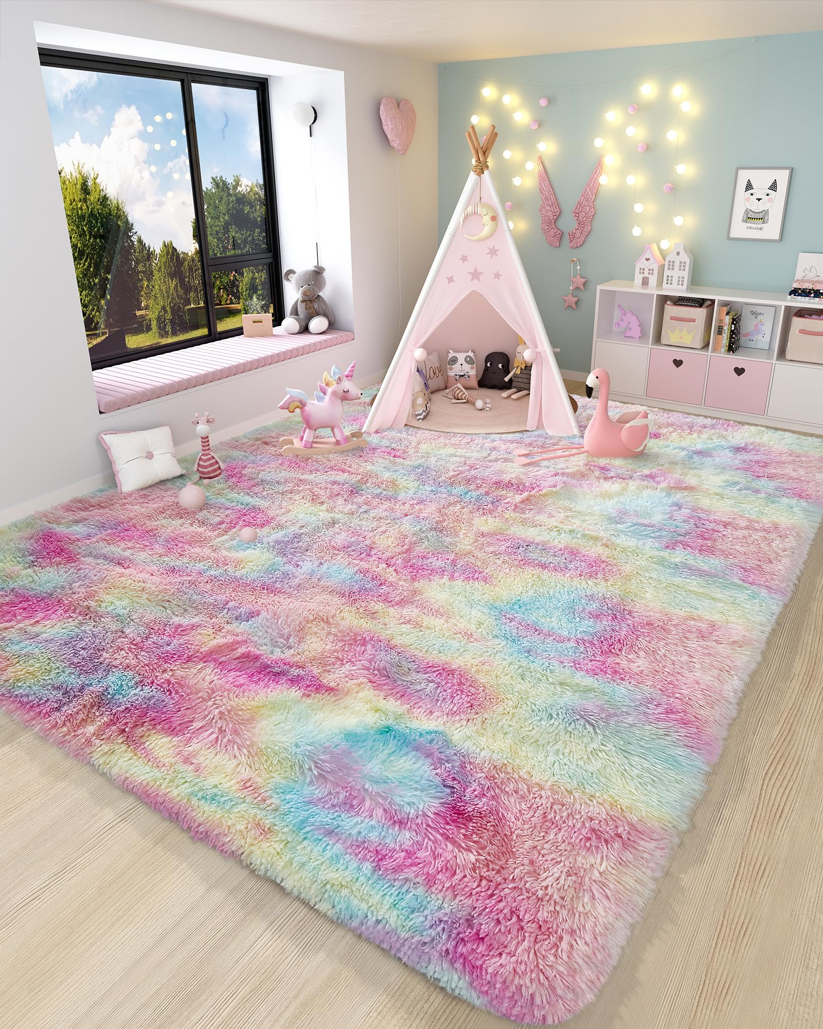 Ophanie Rainbow Colorful Rugs for Living Room 5x8, Unicorn Fluffy Shag Fuzzy Plush Soft Carpets, Floor Shaggy Area Rugs for Bedr
