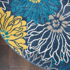 Nourison Passion Blue 4' X Round Area Rug, Floral, Farmhouse, Easy Cleaning, Non Shedding, Bed Room, Living Room, Dining Room, Kitchen, (4' Round)