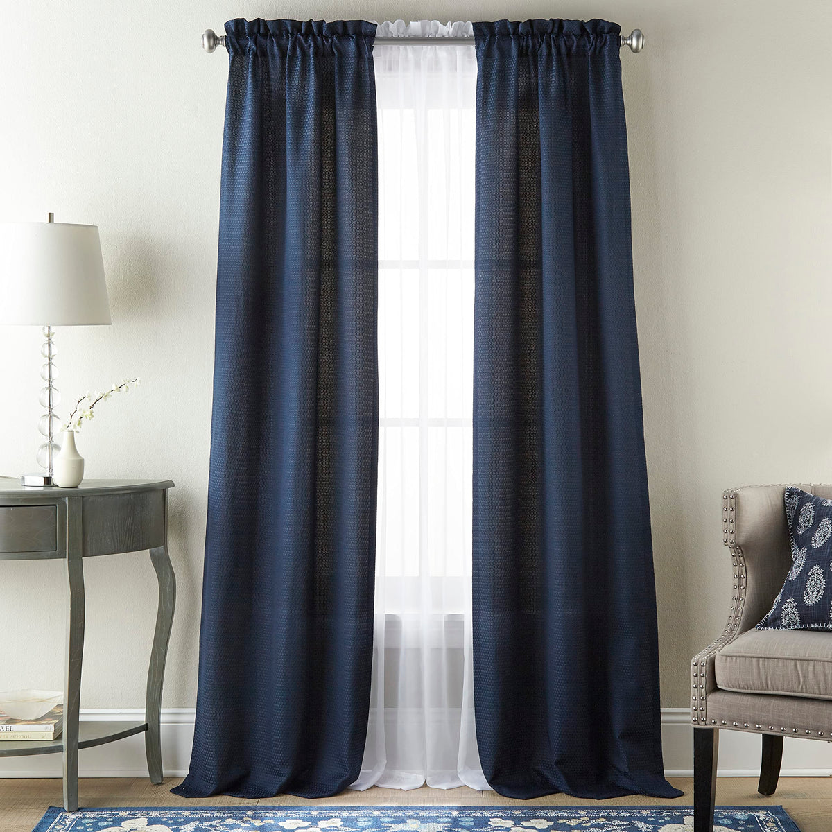 Stratford Park Navy Curtains, Light Filtering Window Curtains 84 Inches Long, Rod Pocket 2 Curtain Panels & 2 Sheers