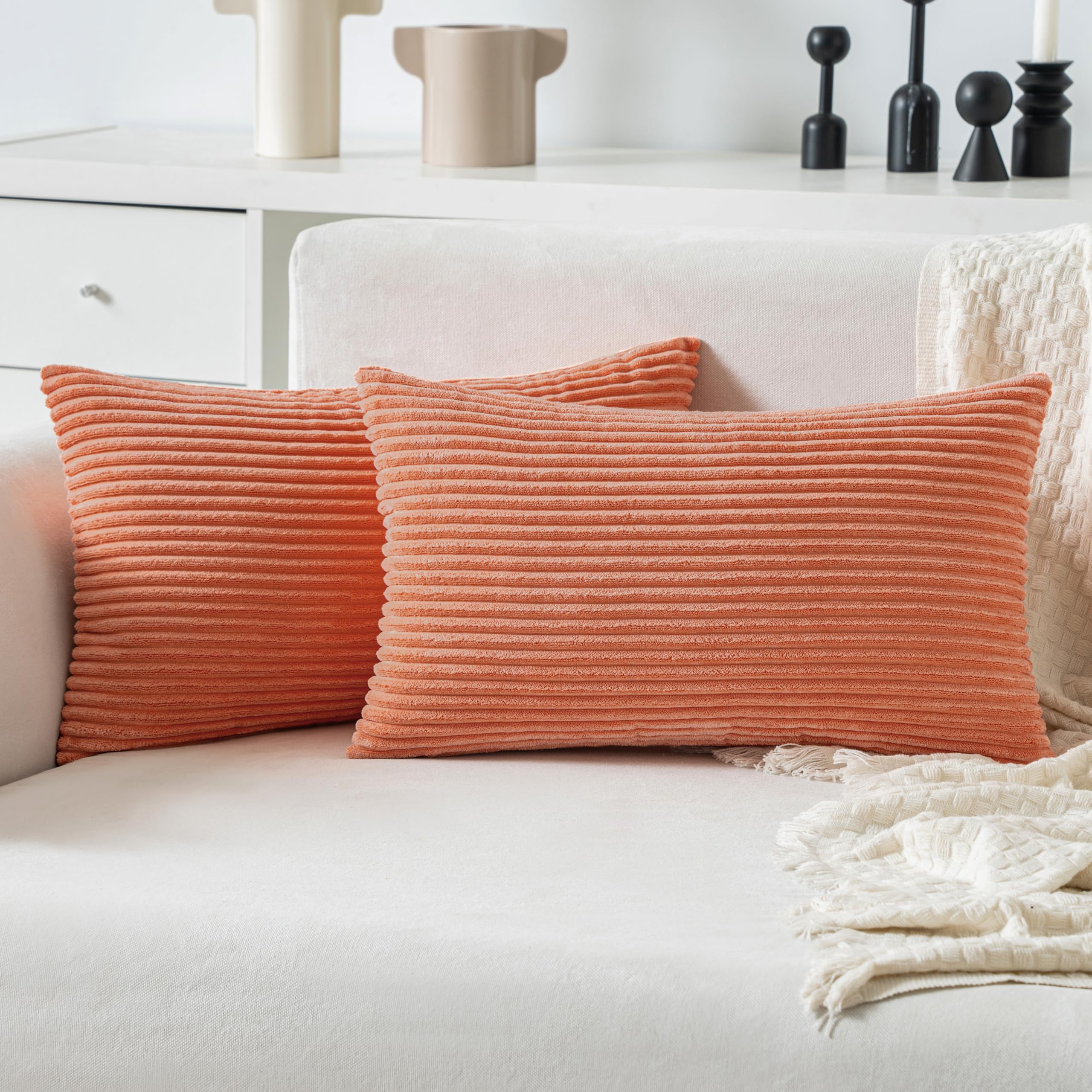 Miulee Coral Red Corduroy Pillow Covers 12X20 Inch Set Of 2 Super Soft Boho Striped Pillow Covers Decorative Textured Throw Pill